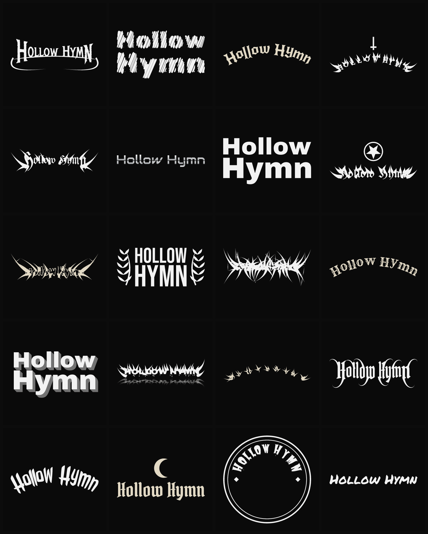 Twenty Hollow Hymn band logo ideas — different faces, treatments and spike settings