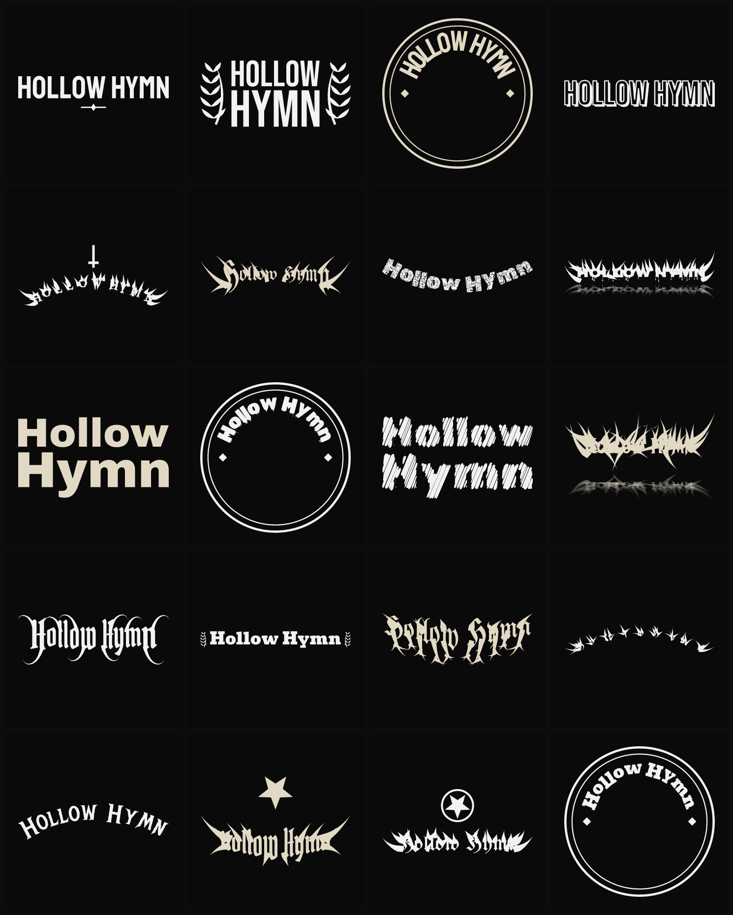 Twenty Hollow Hymn band logo ideas — different faces, treatments and spike settings