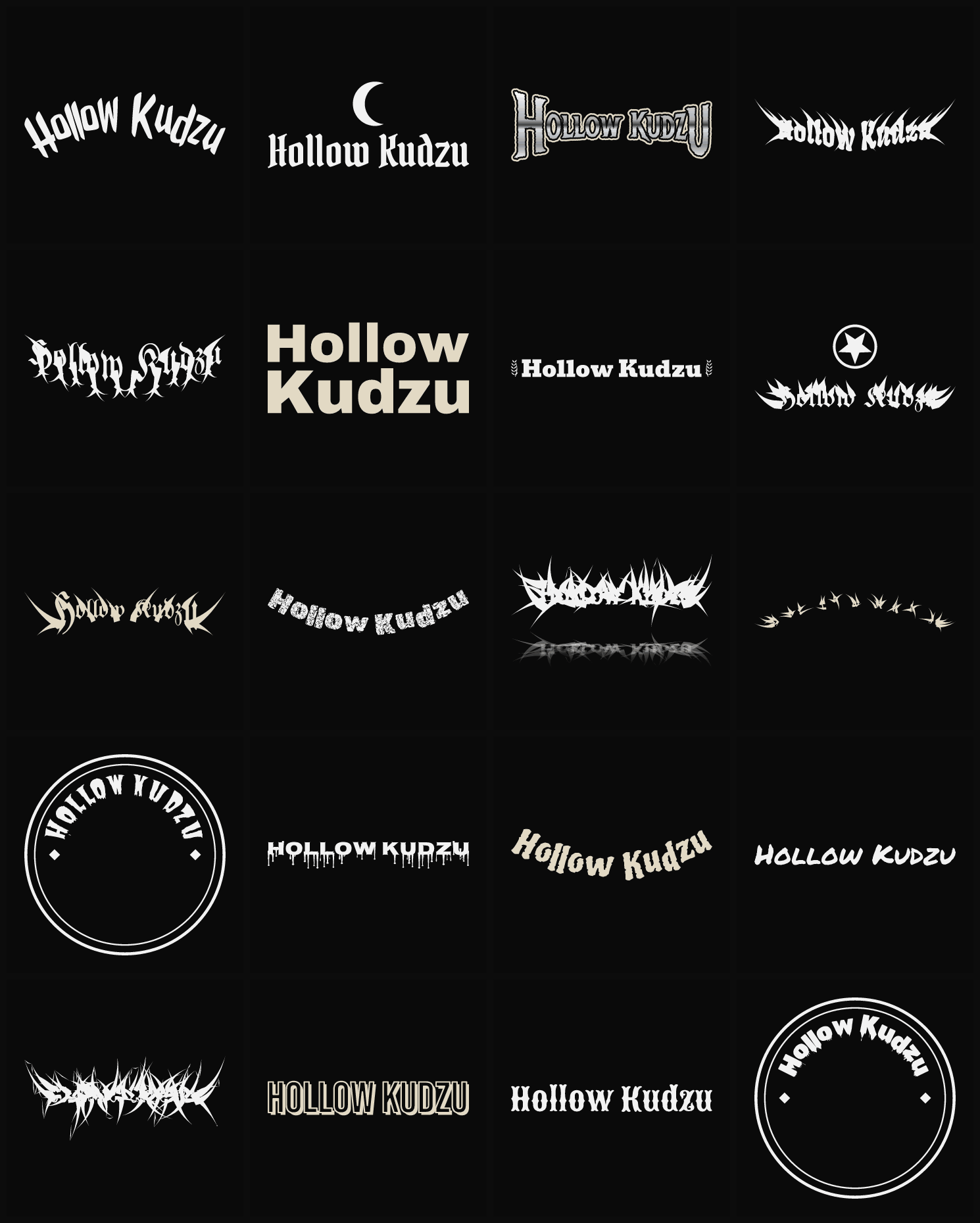 Twenty Hollow Kudzu band logo ideas — different faces, treatments and spike settings