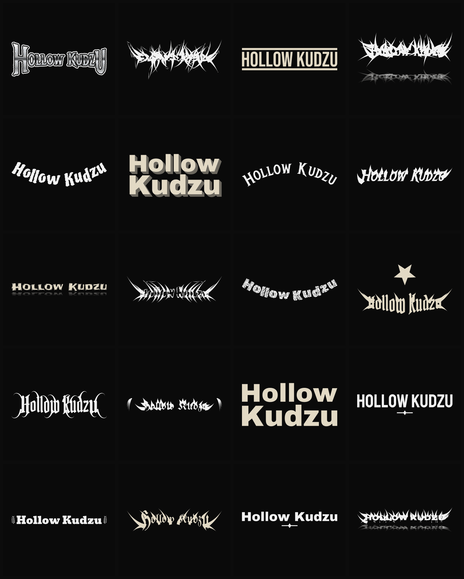 Twenty Hollow Kudzu band logo ideas — different faces, treatments and spike settings