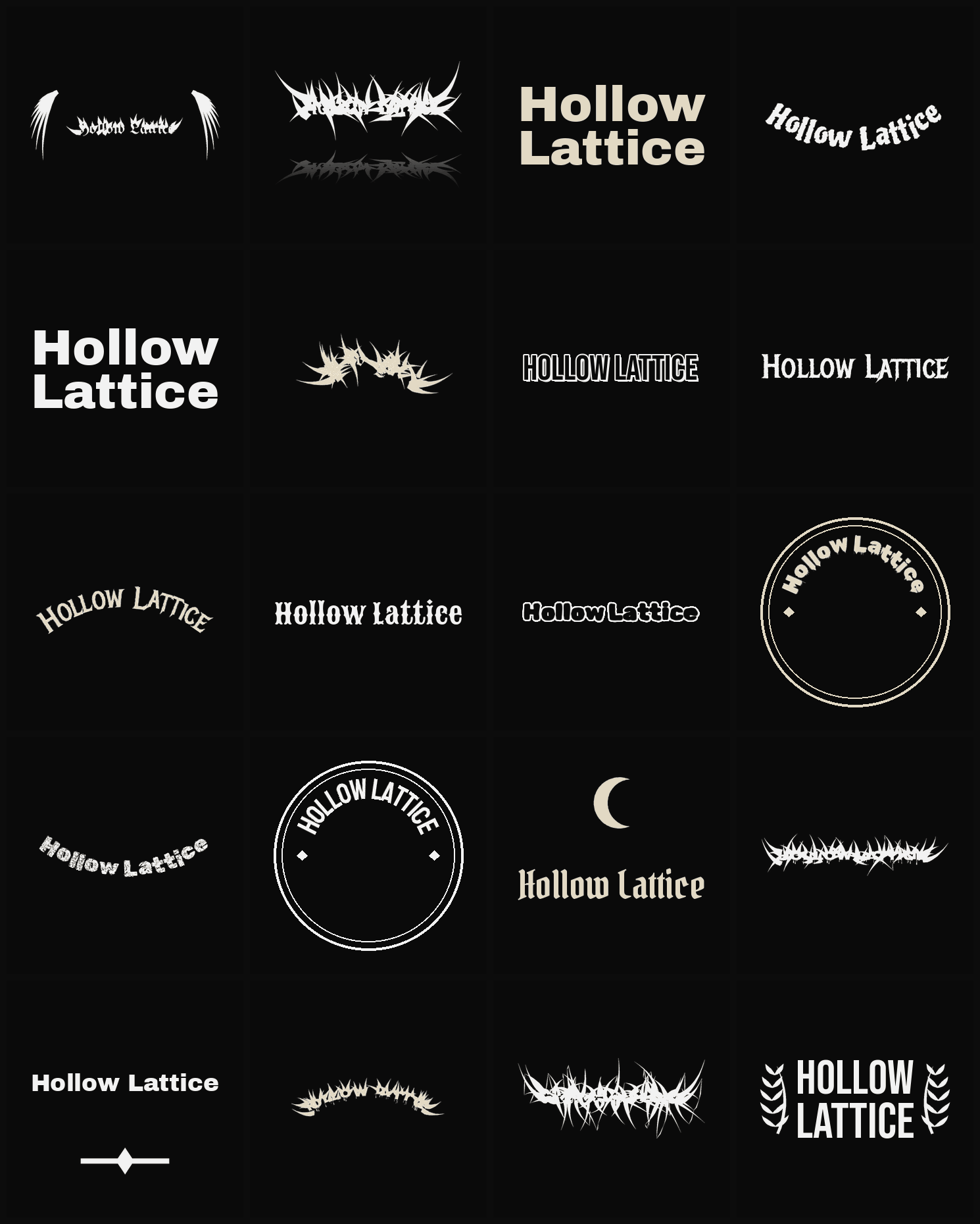 Twenty Hollow Lattice band logo ideas — different faces, treatments and spike settings