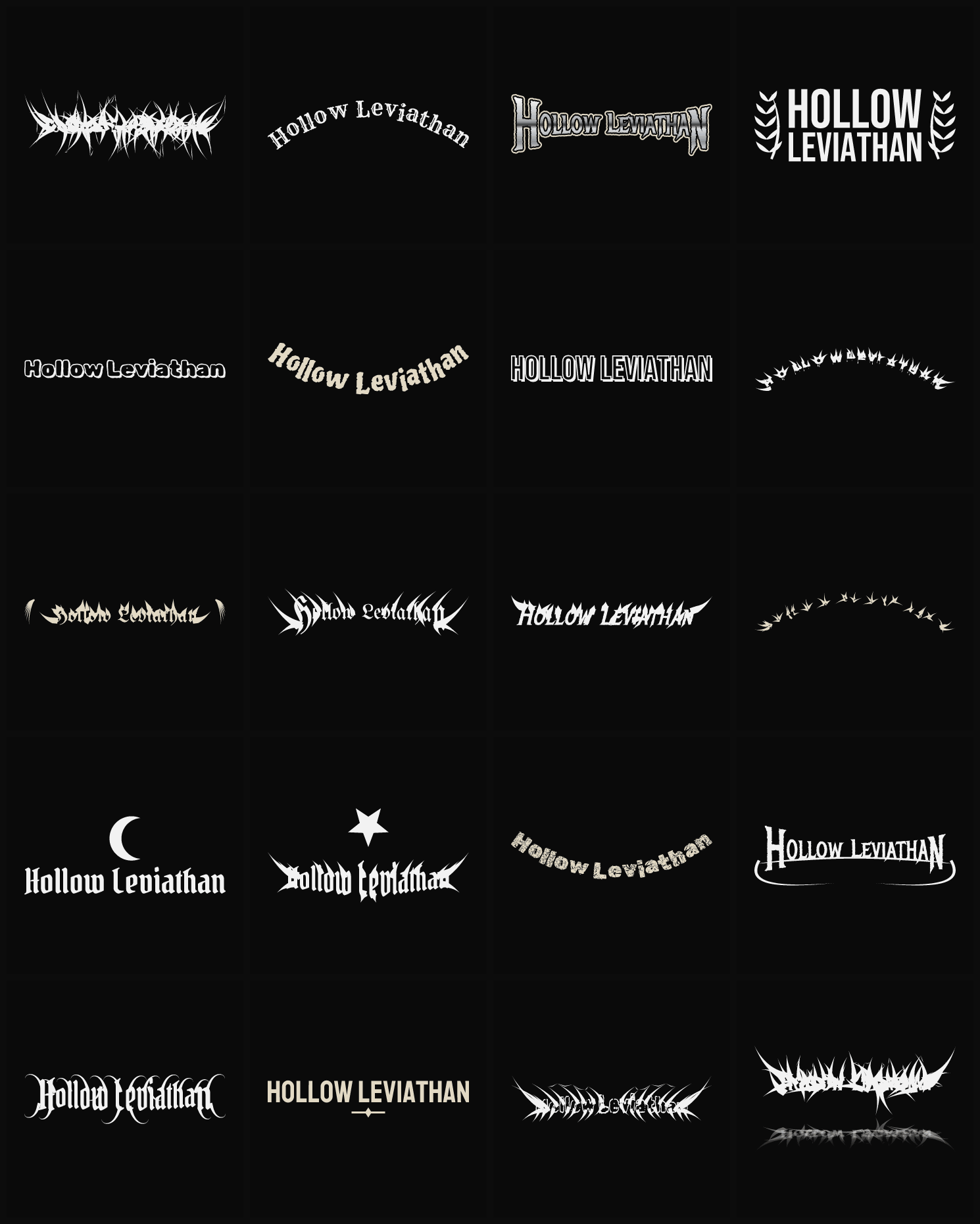Twenty Hollow Leviathan band logo ideas — different faces, treatments and spike settings