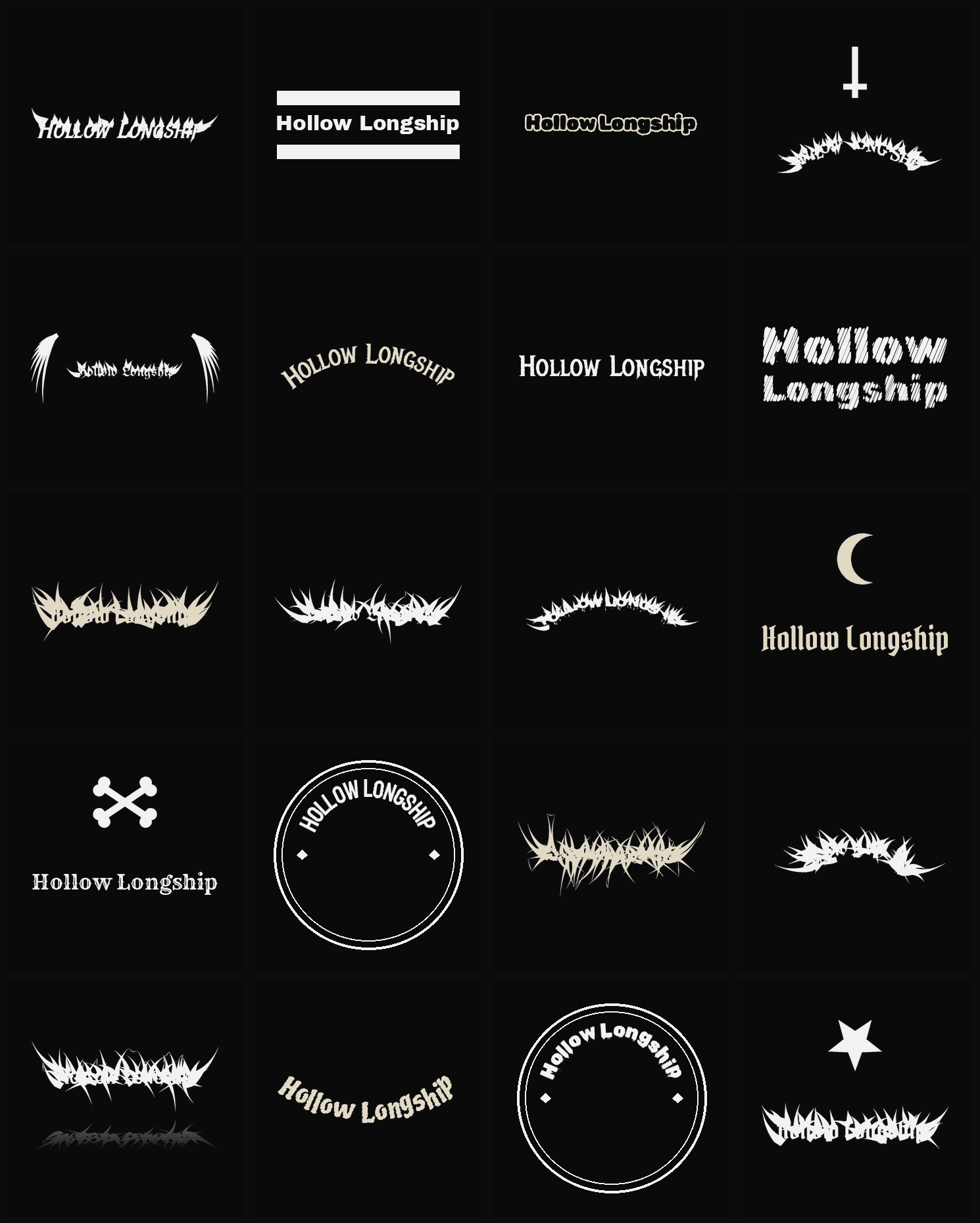 Twenty Hollow Longship band logo ideas — different faces, treatments and spike settings
