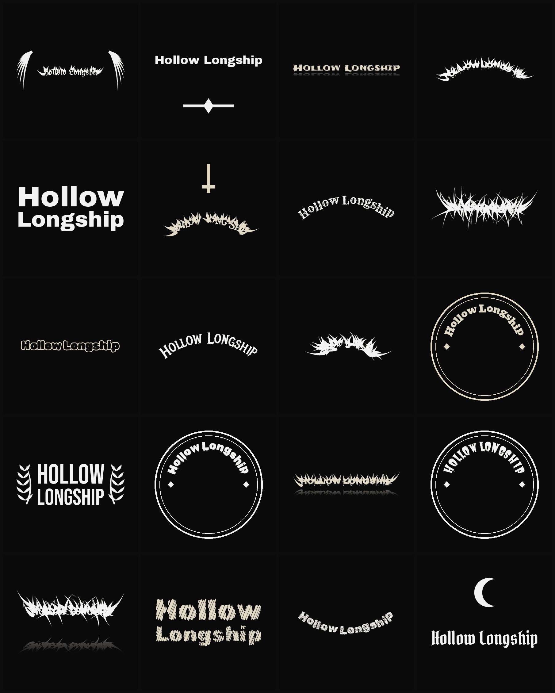 Twenty Hollow Longship band logo ideas — different faces, treatments and spike settings