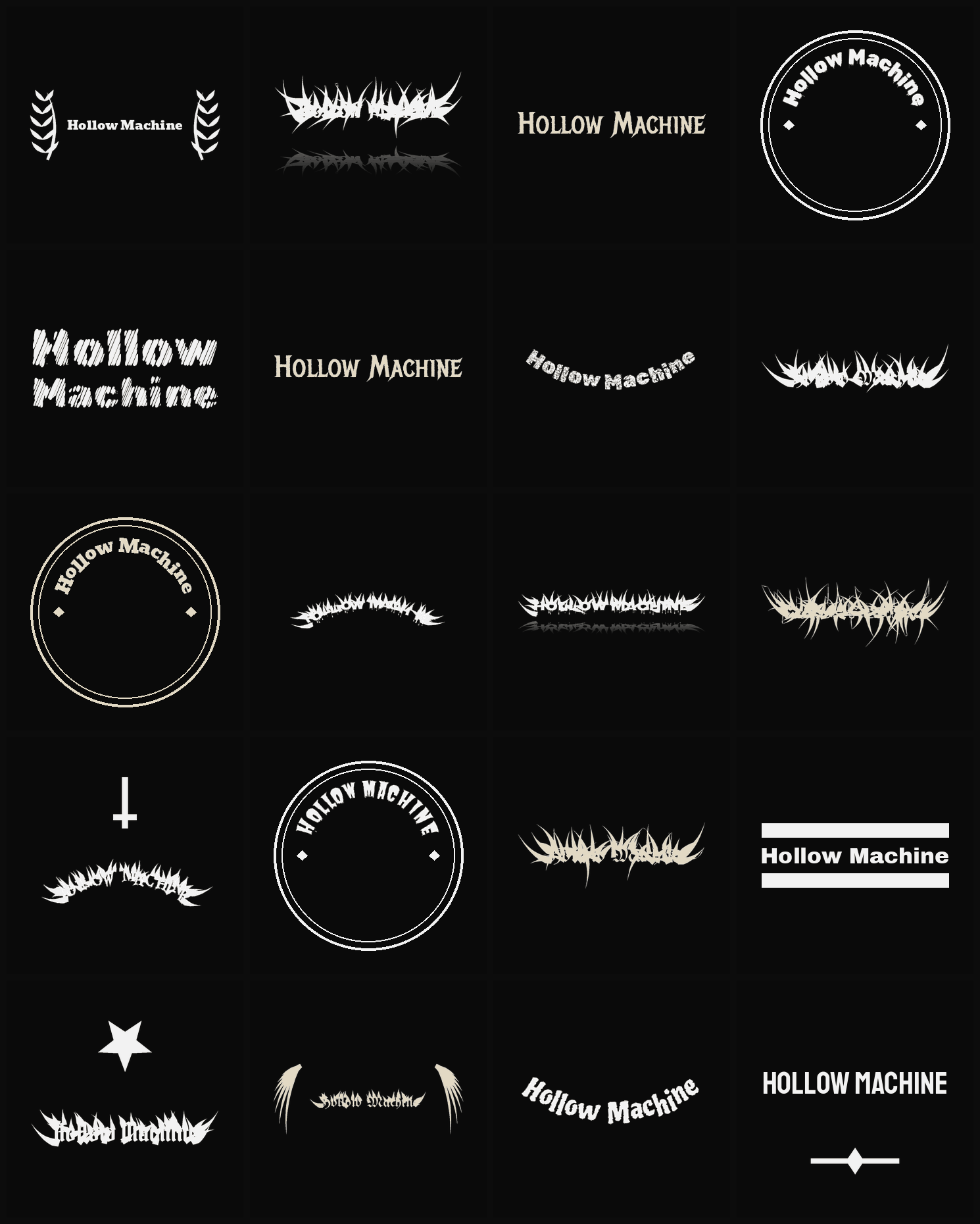 Twenty Hollow Machine band logo ideas — different faces, treatments and spike settings