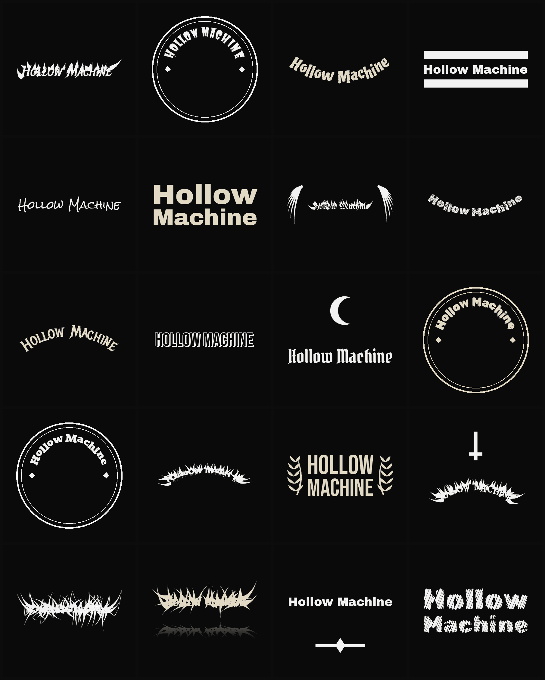 Twenty Hollow Machine band logo ideas — different faces, treatments and spike settings