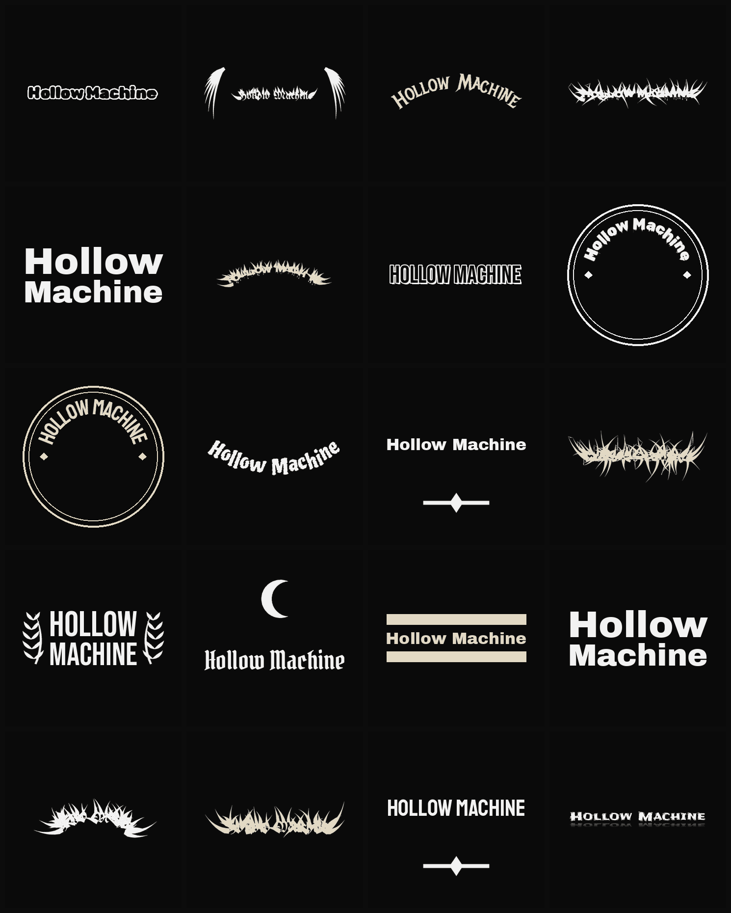 Twenty Hollow Machine band logo ideas — different faces, treatments and spike settings