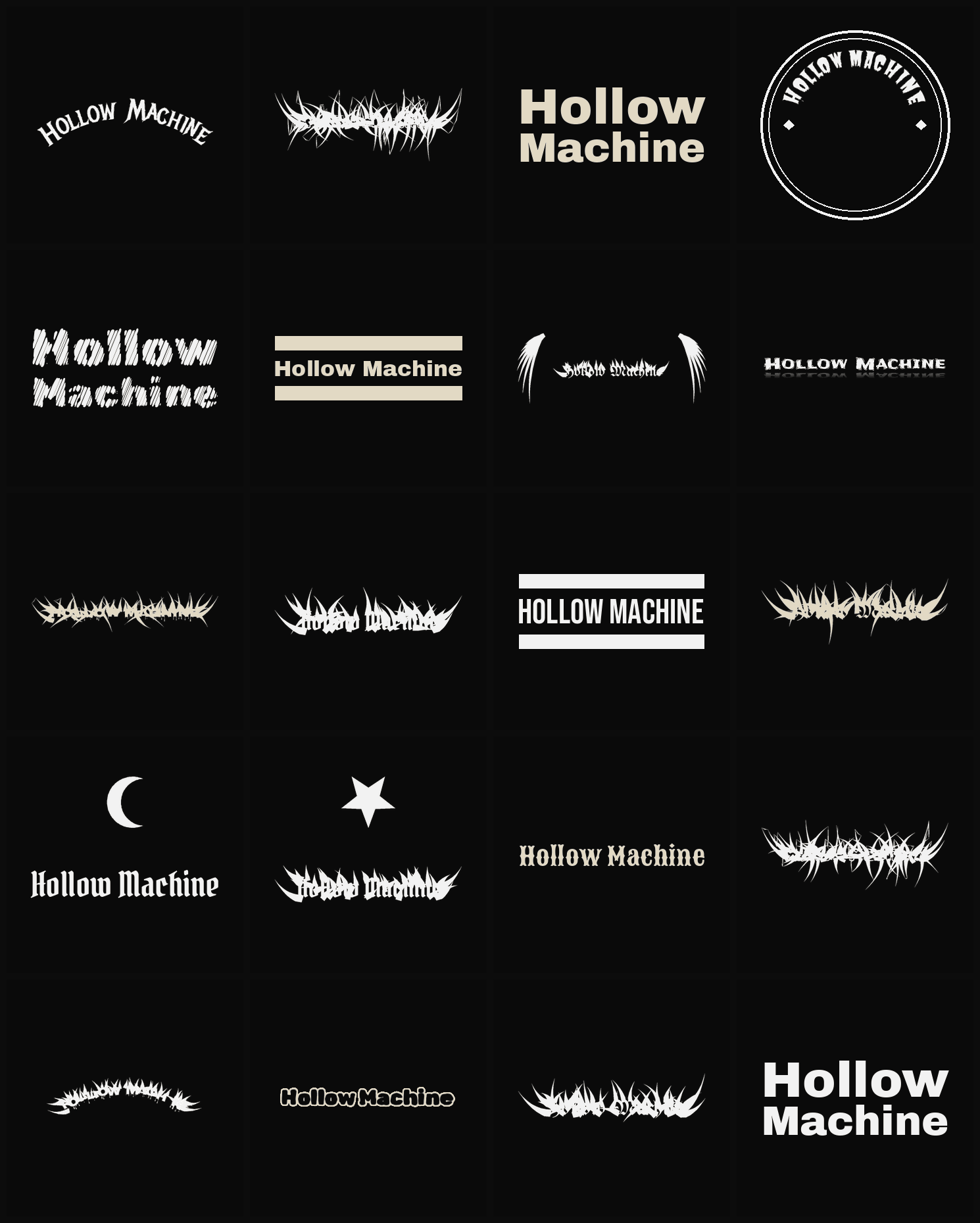 Twenty Hollow Machine band logo ideas — different faces, treatments and spike settings