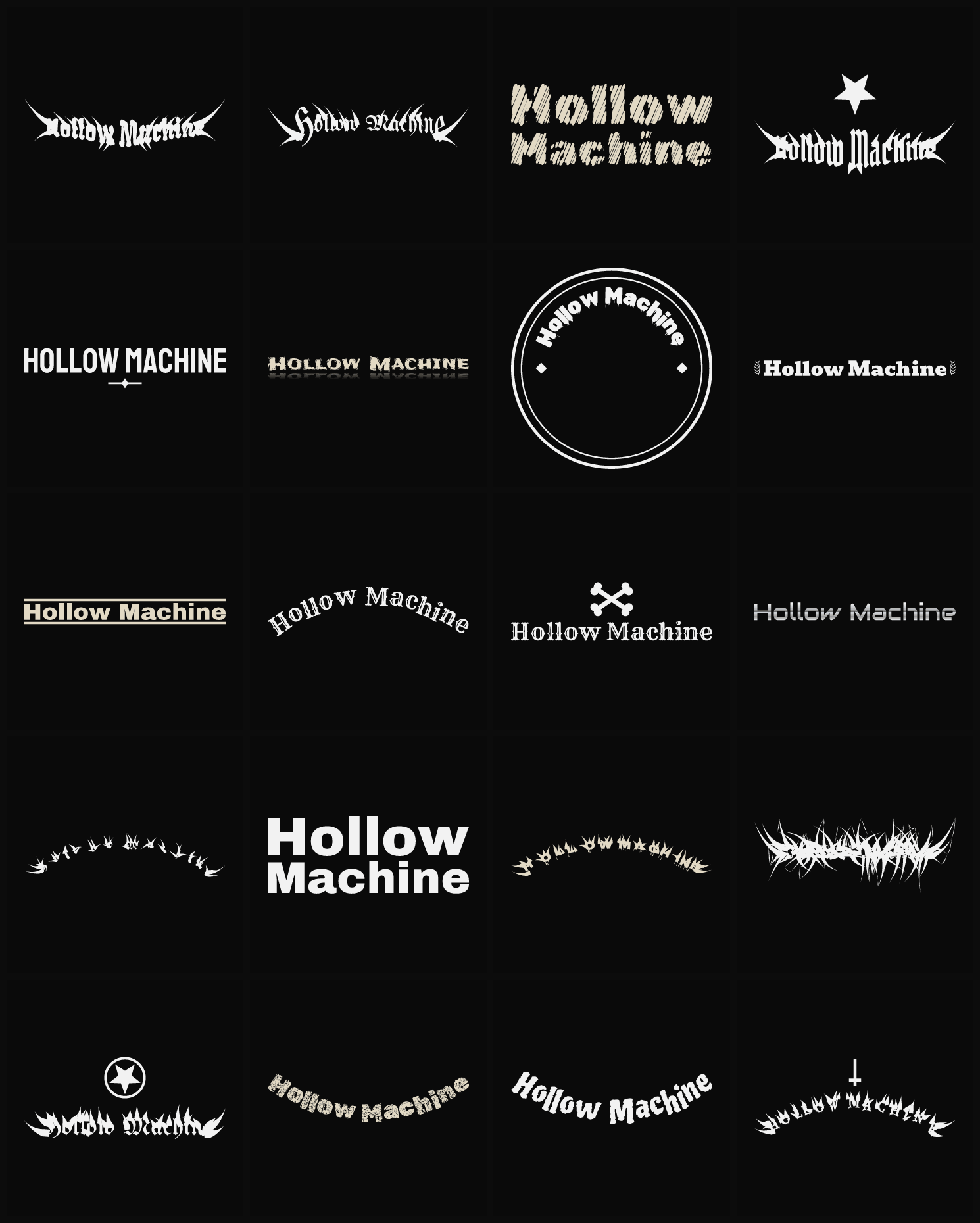 Twenty Hollow Machine band logo ideas — different faces, treatments and spike settings