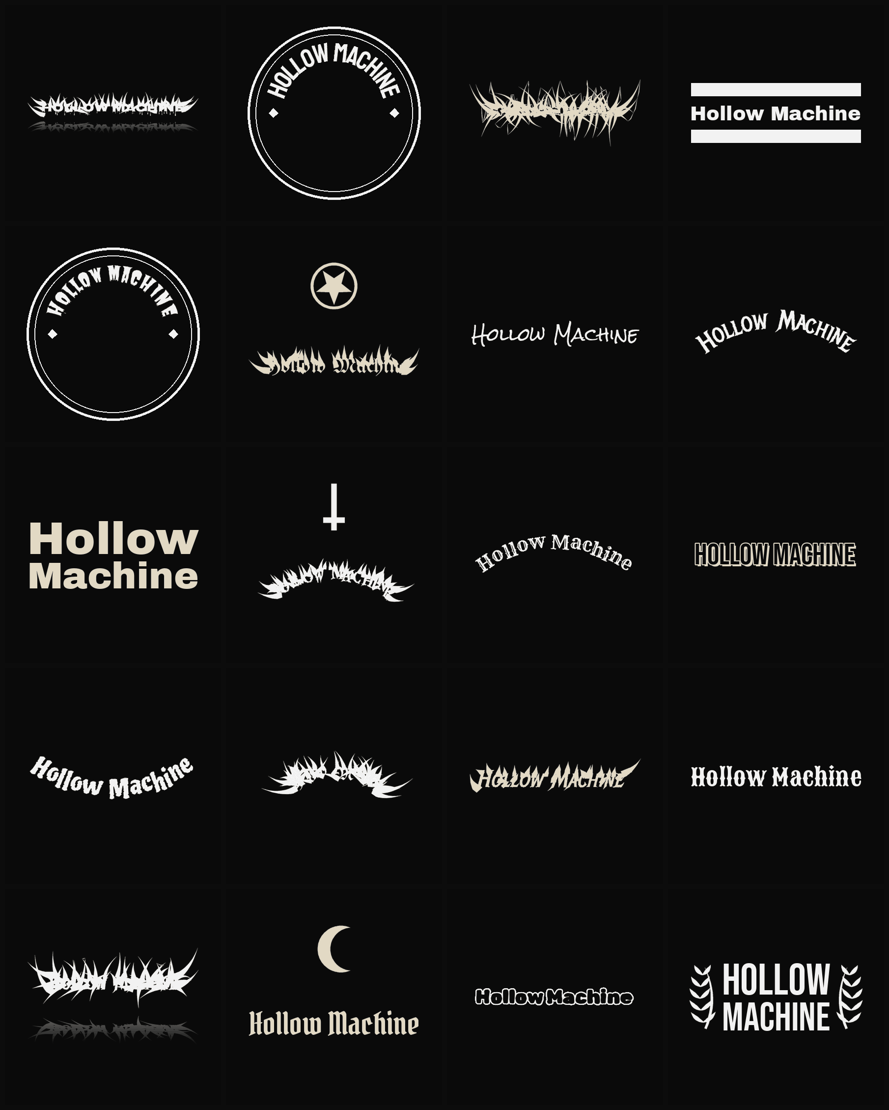 Twenty Hollow Machine band logo ideas — different faces, treatments and spike settings