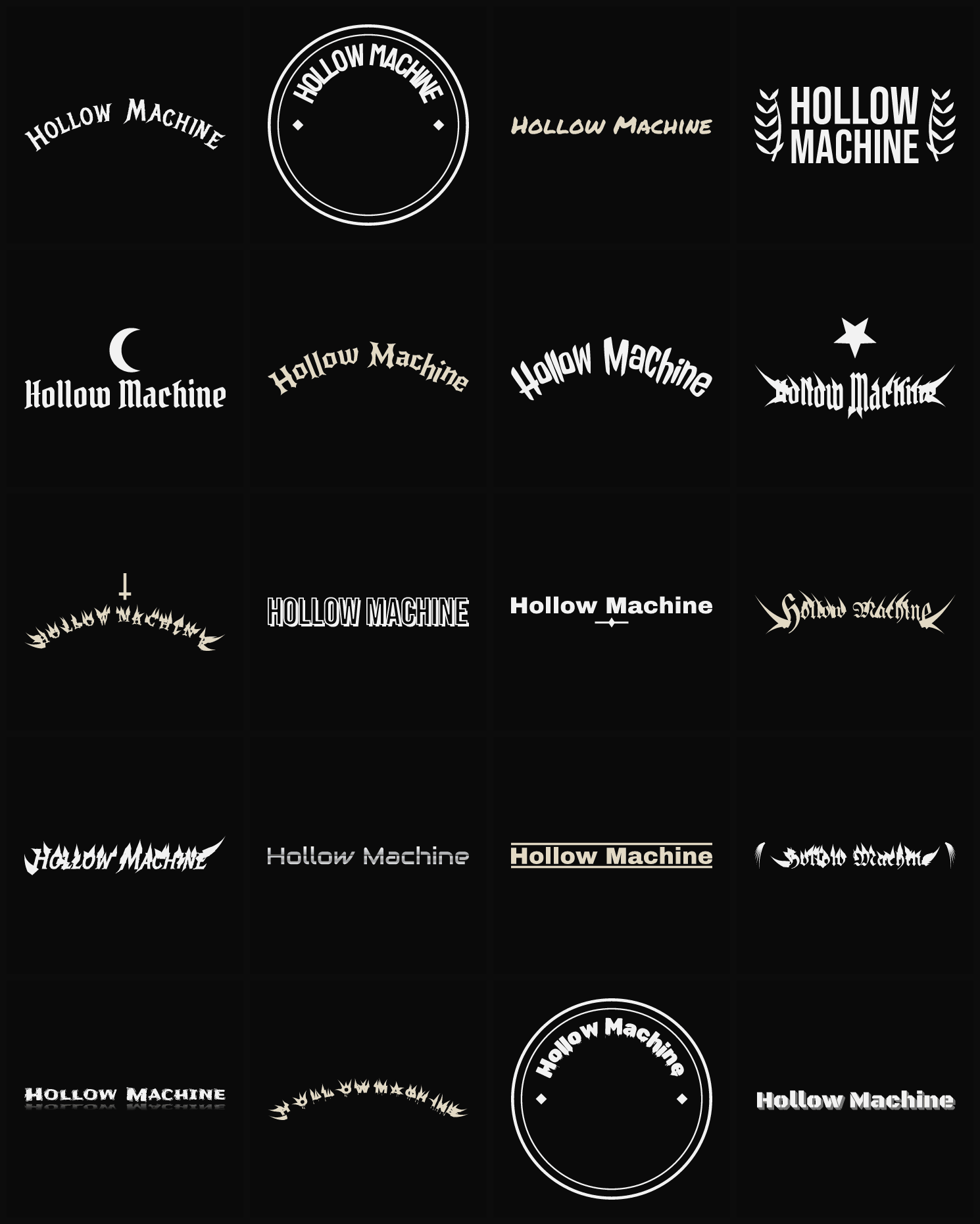 Twenty Hollow Machine band logo ideas — different faces, treatments and spike settings