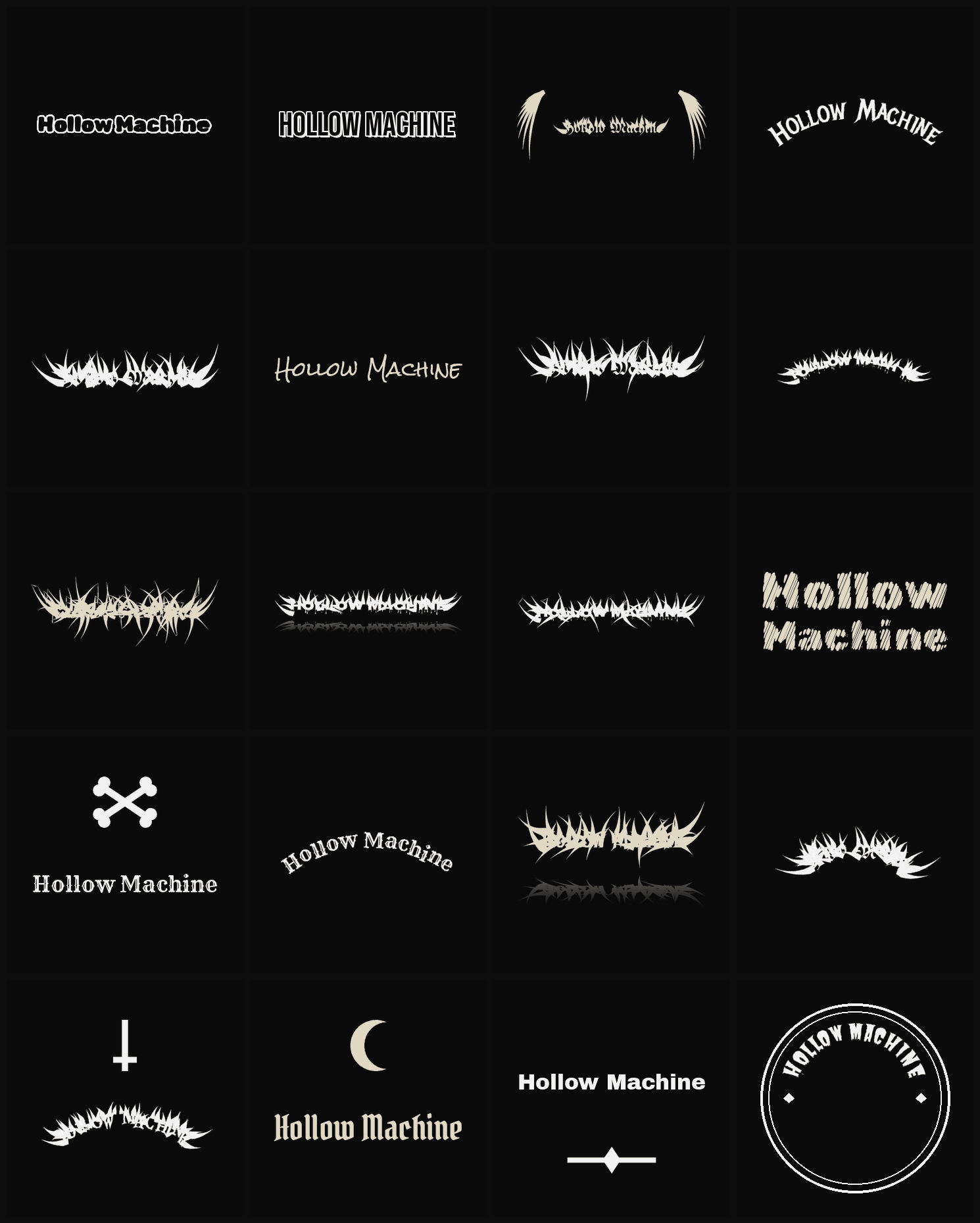 Twenty Hollow Machine band logo ideas — different faces, treatments and spike settings