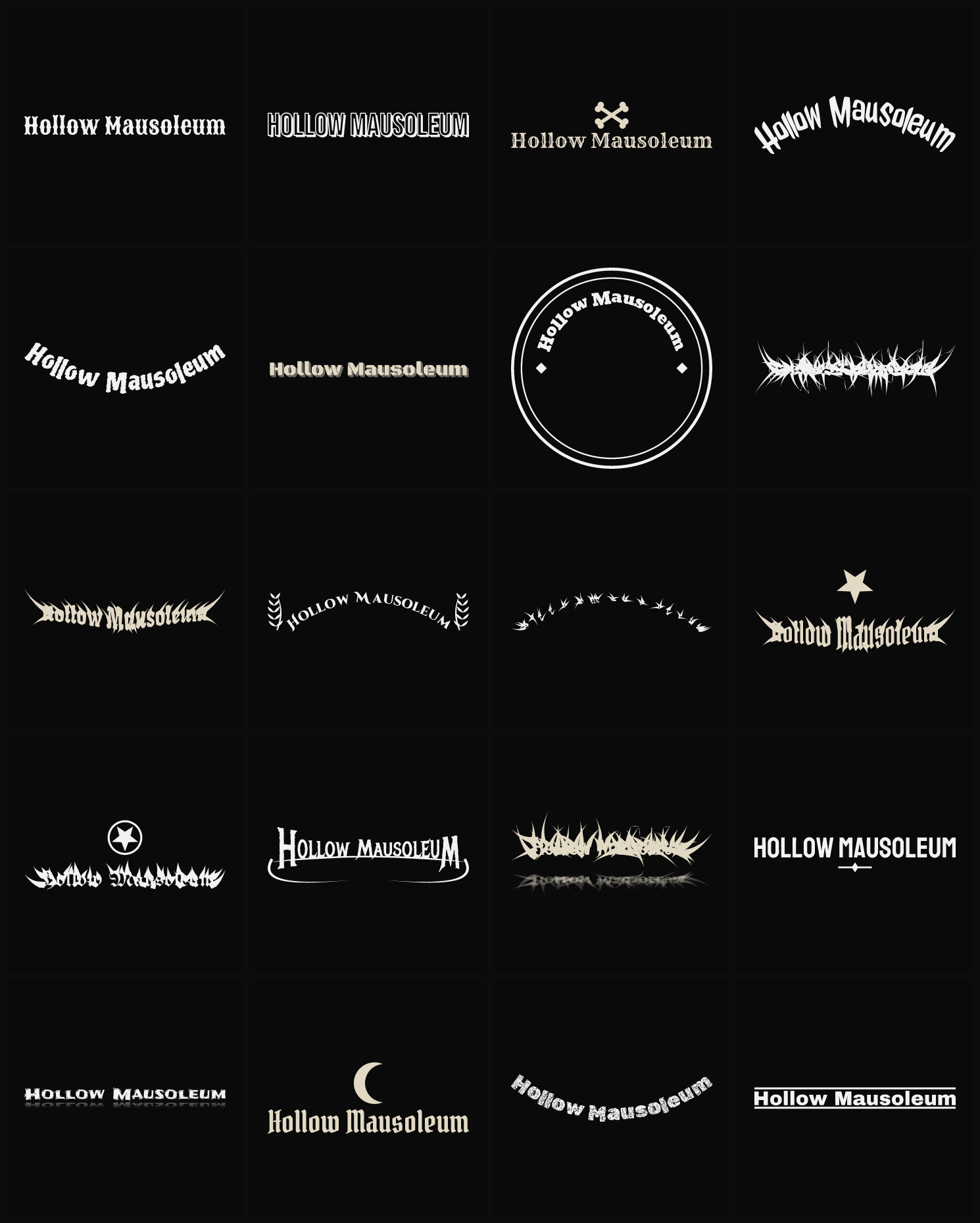 Twenty Hollow Mausoleum band logo ideas — different faces, treatments and spike settings