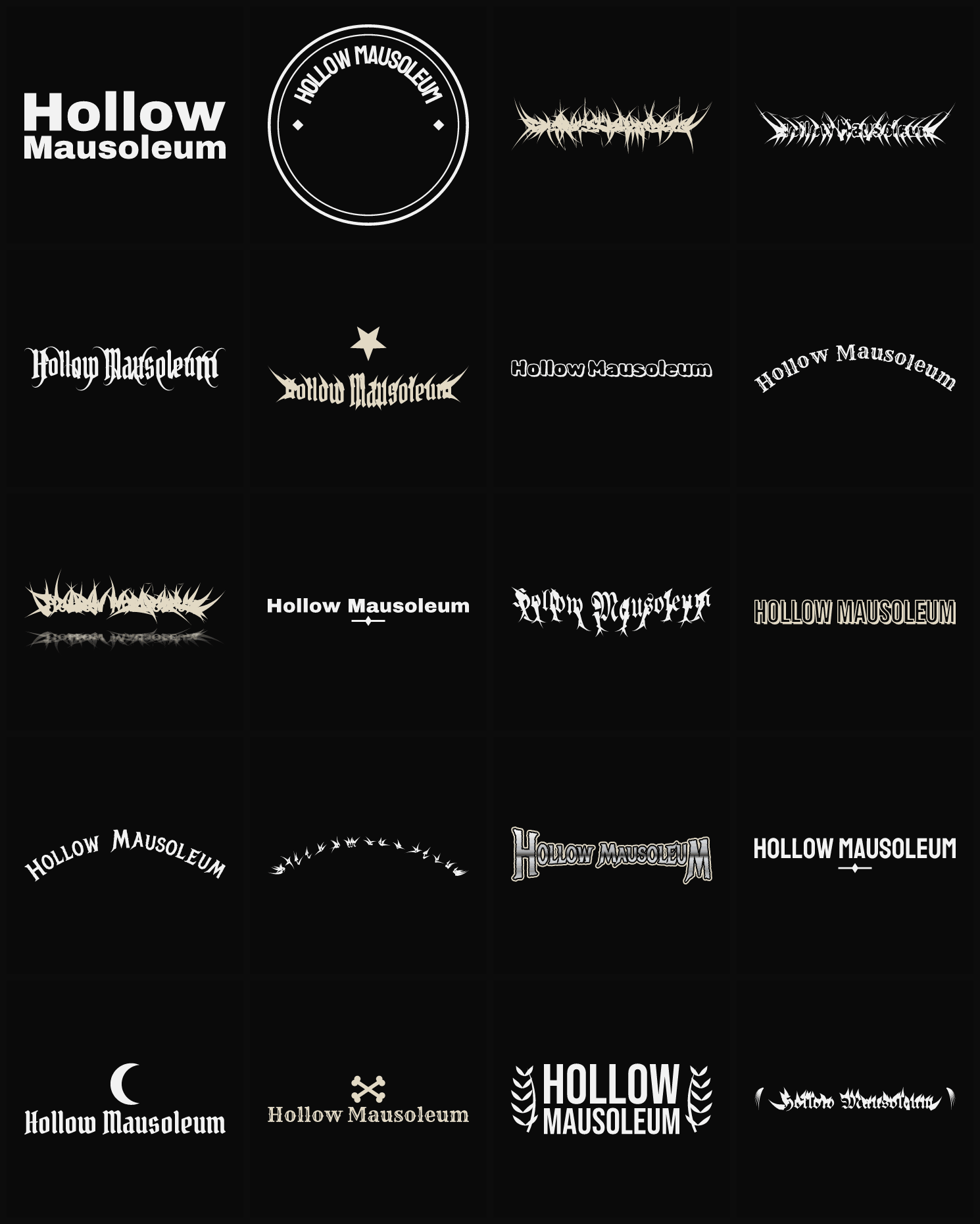 Twenty Hollow Mausoleum band logo ideas — different faces, treatments and spike settings
