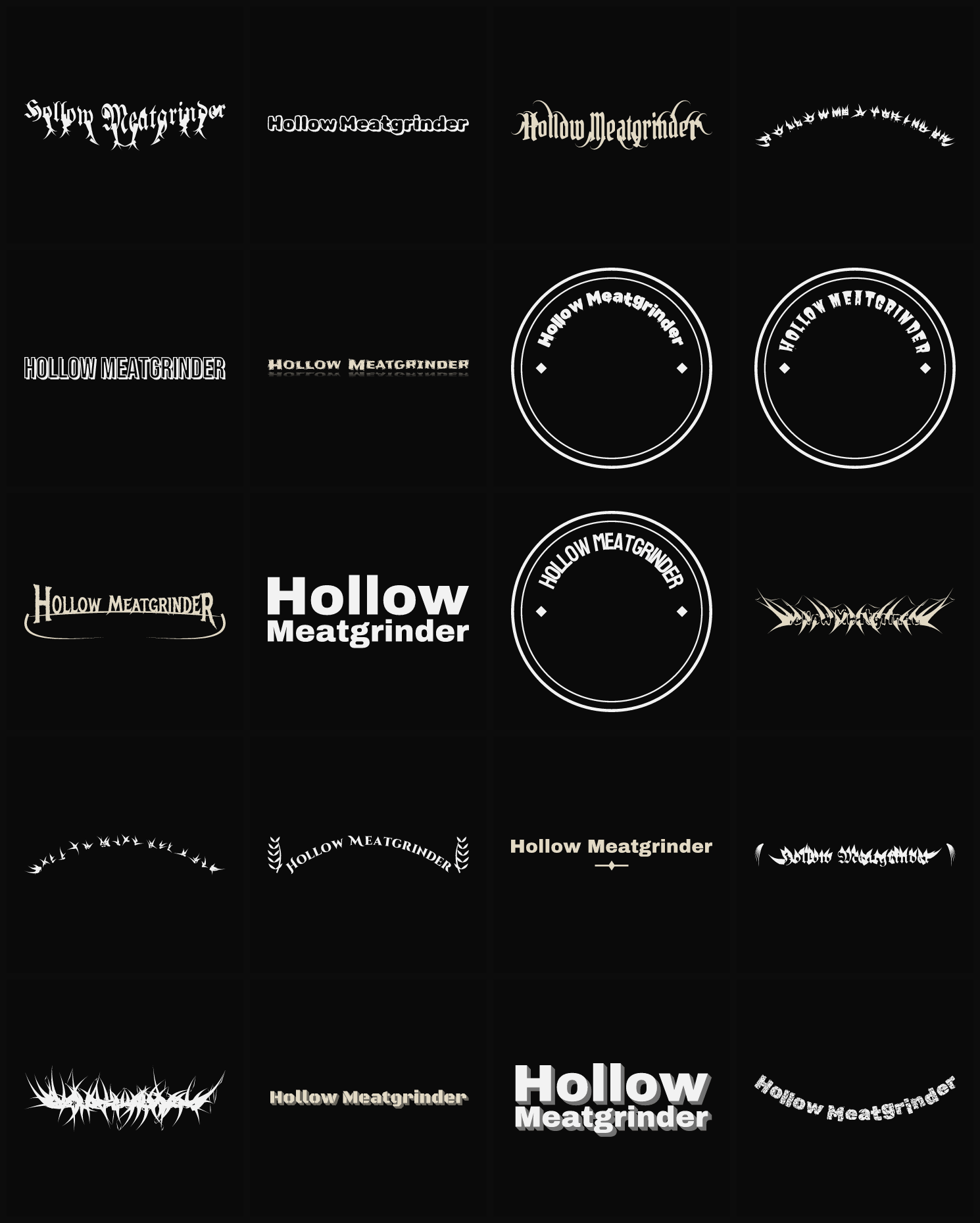 Twenty Hollow Meatgrinder band logo ideas — different faces, treatments and spike settings