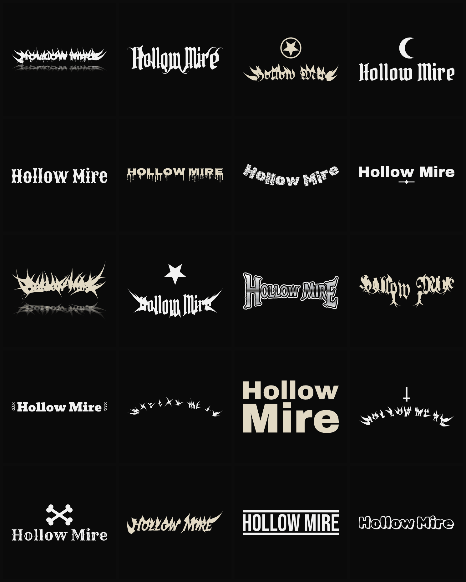Twenty Hollow Mire band logo ideas — different faces, treatments and spike settings