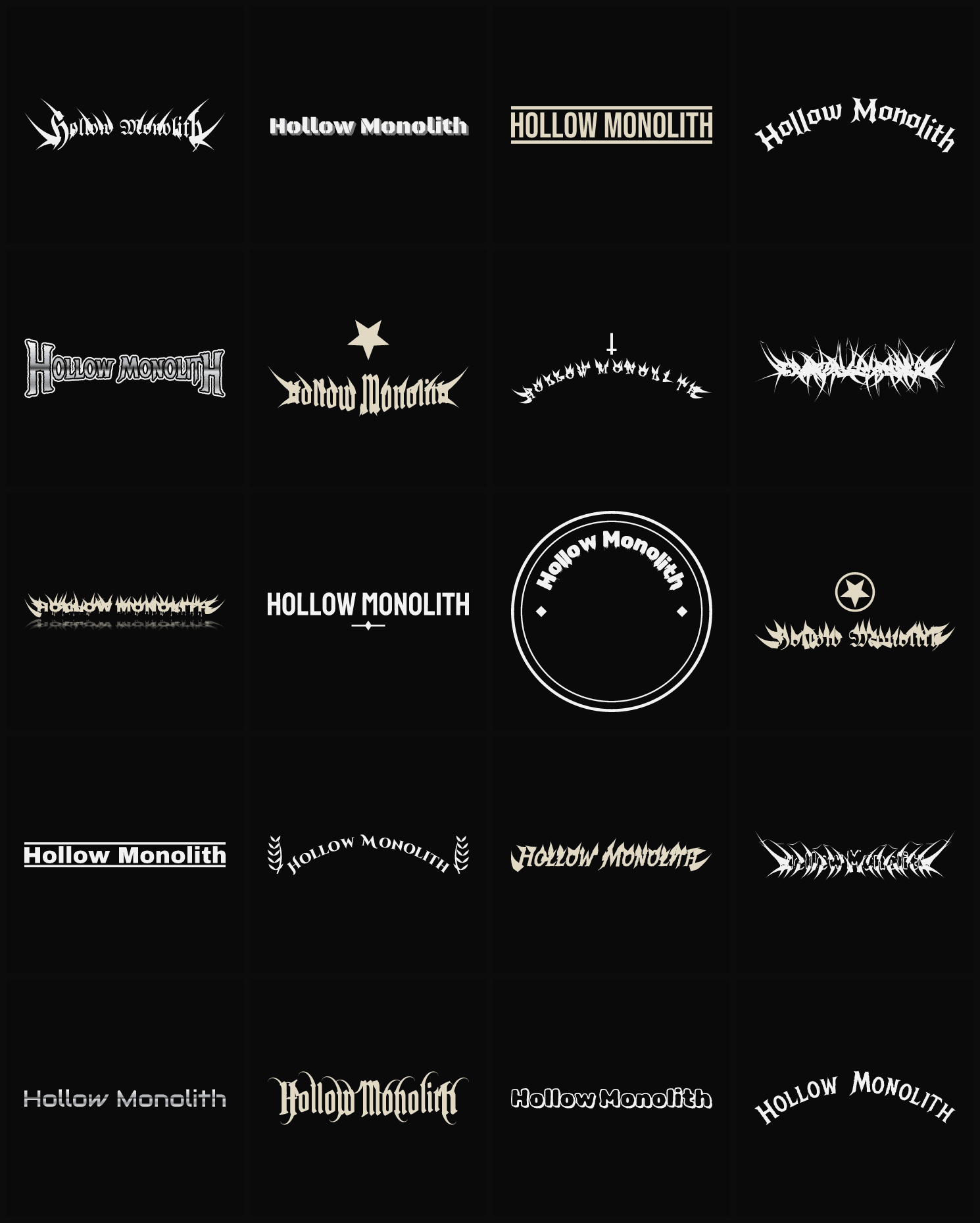 Twenty Hollow Monolith band logo ideas — different faces, treatments and spike settings