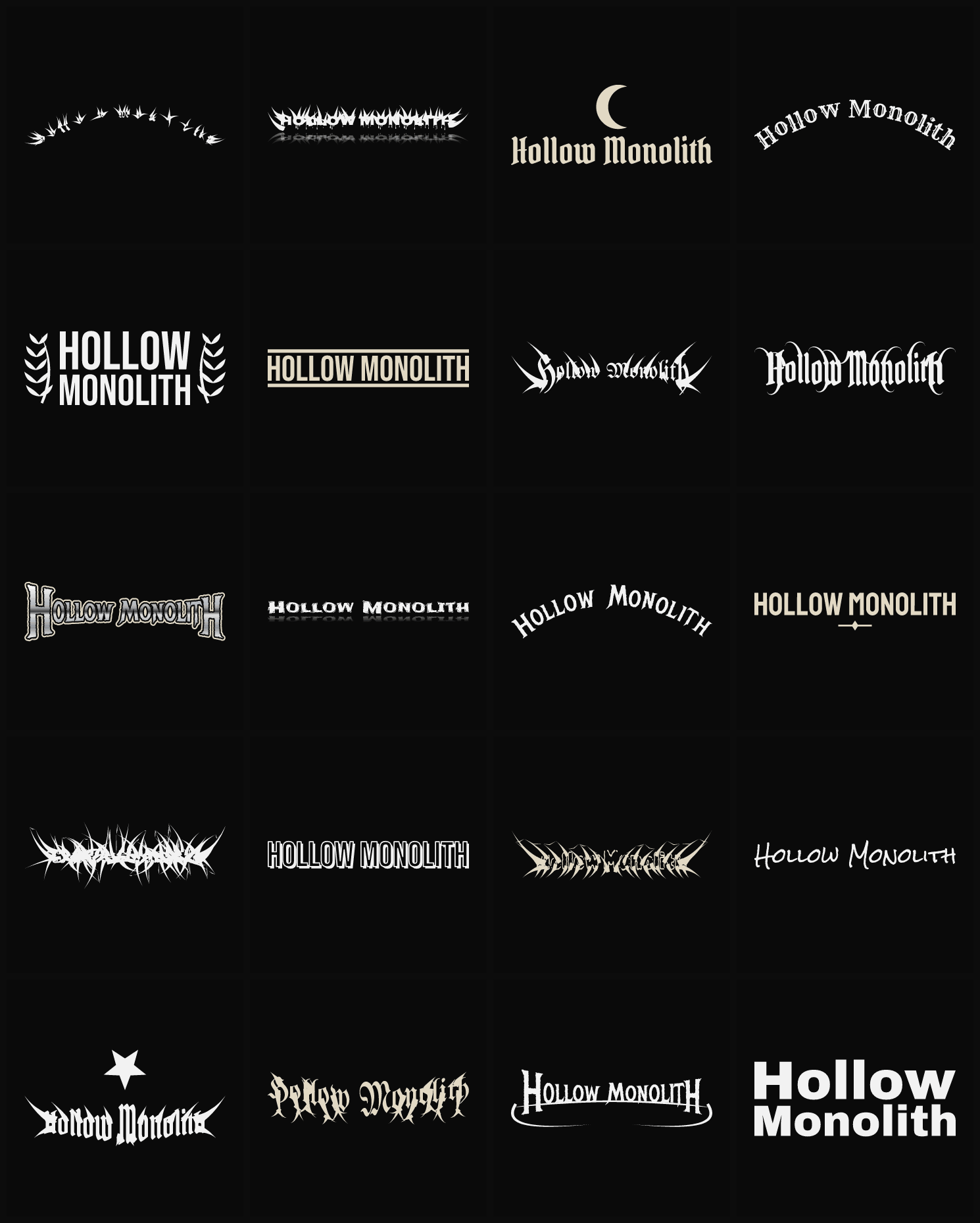Twenty Hollow Monolith band logo ideas — different faces, treatments and spike settings