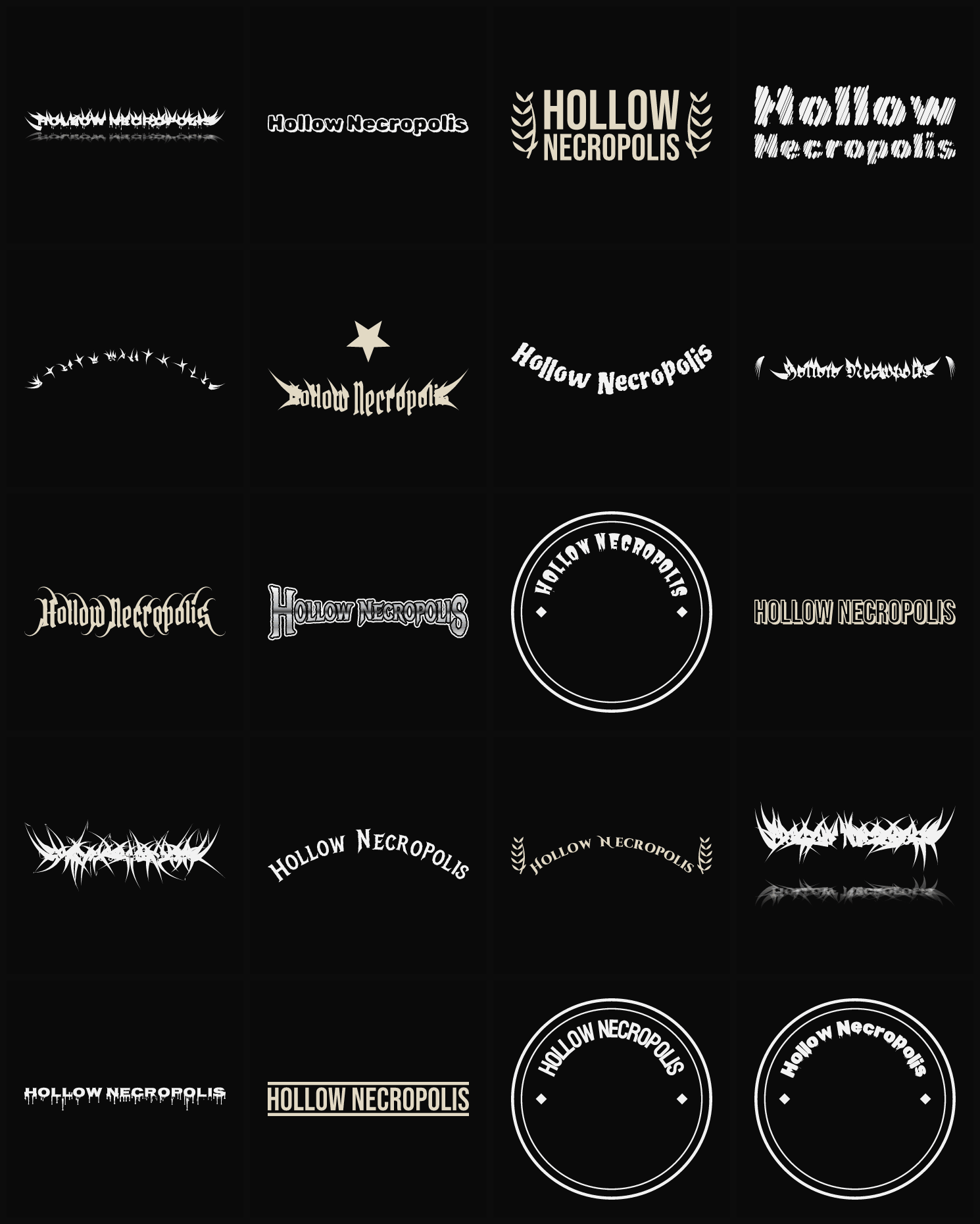 Twenty Hollow Necropolis band logo ideas — different faces, treatments and spike settings