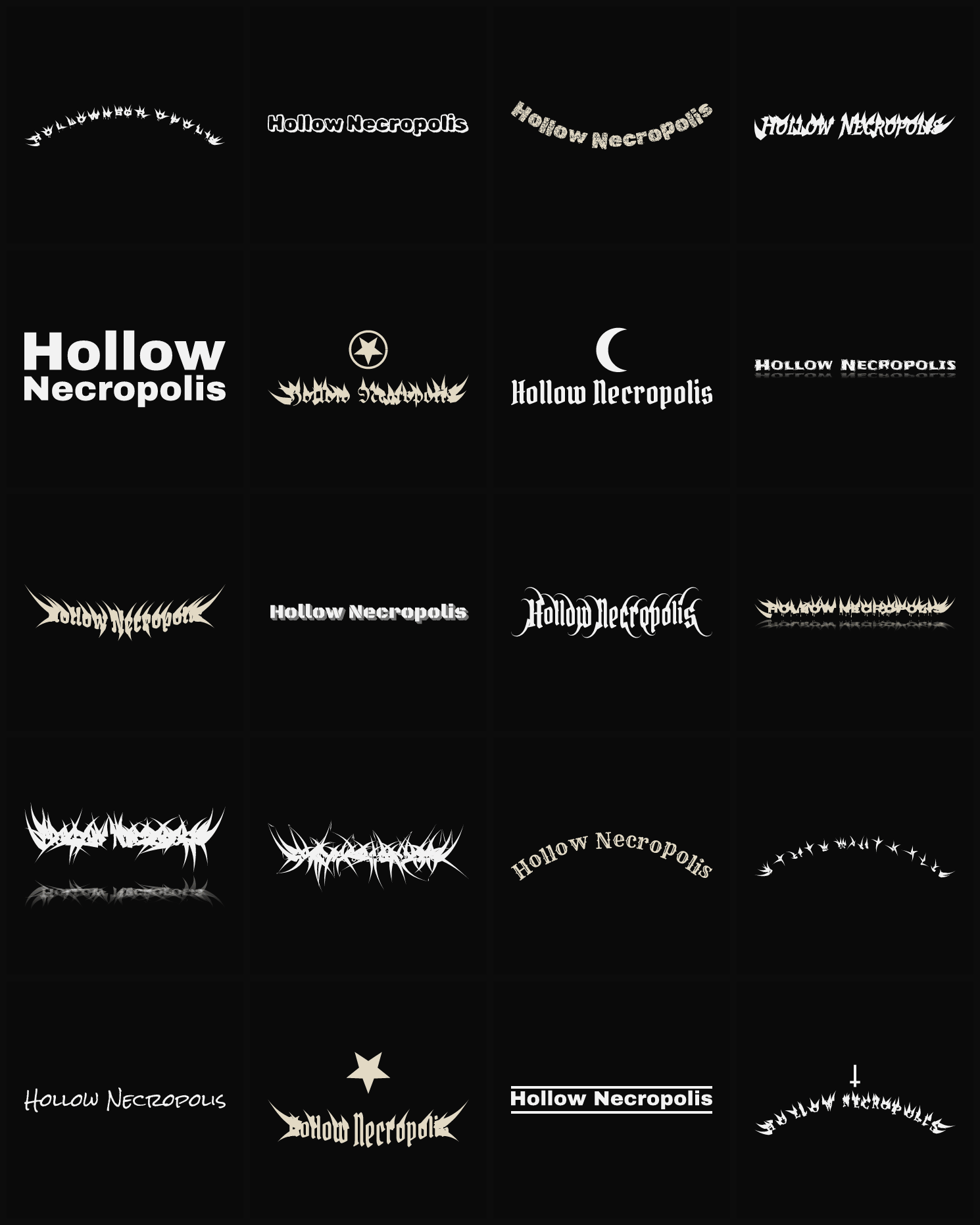 Twenty Hollow Necropolis band logo ideas — different faces, treatments and spike settings