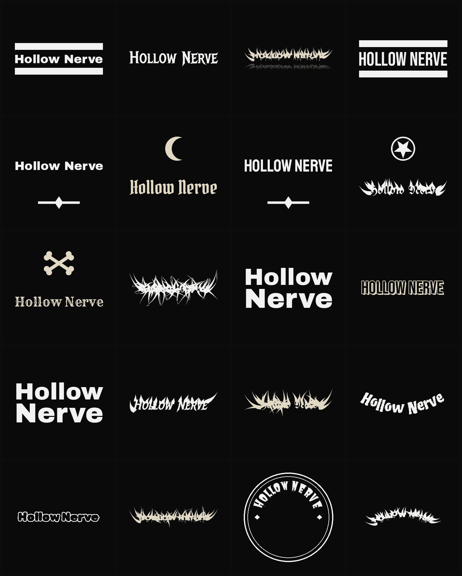 Twenty Hollow Nerve band logo ideas — different faces, treatments and spike settings