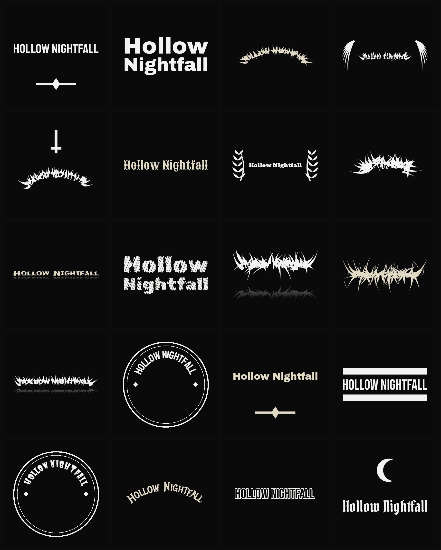 Twenty Hollow Nightfall band logo ideas — different faces, treatments and spike settings