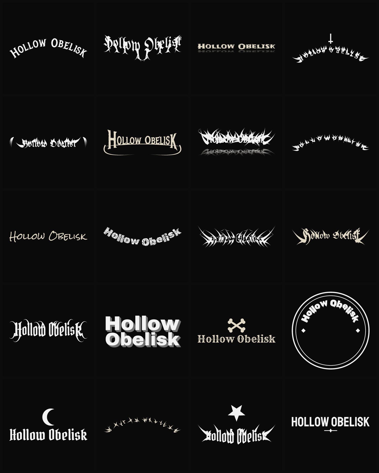 Twenty Hollow Obelisk band logo ideas — different faces, treatments and spike settings