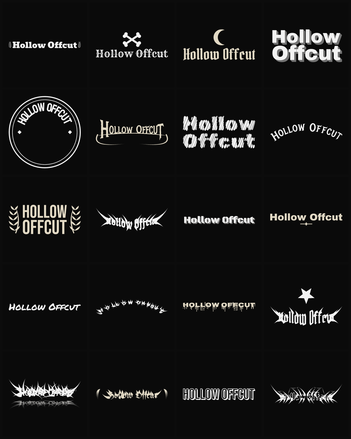Twenty Hollow Offcut band logo ideas — different faces, treatments and spike settings