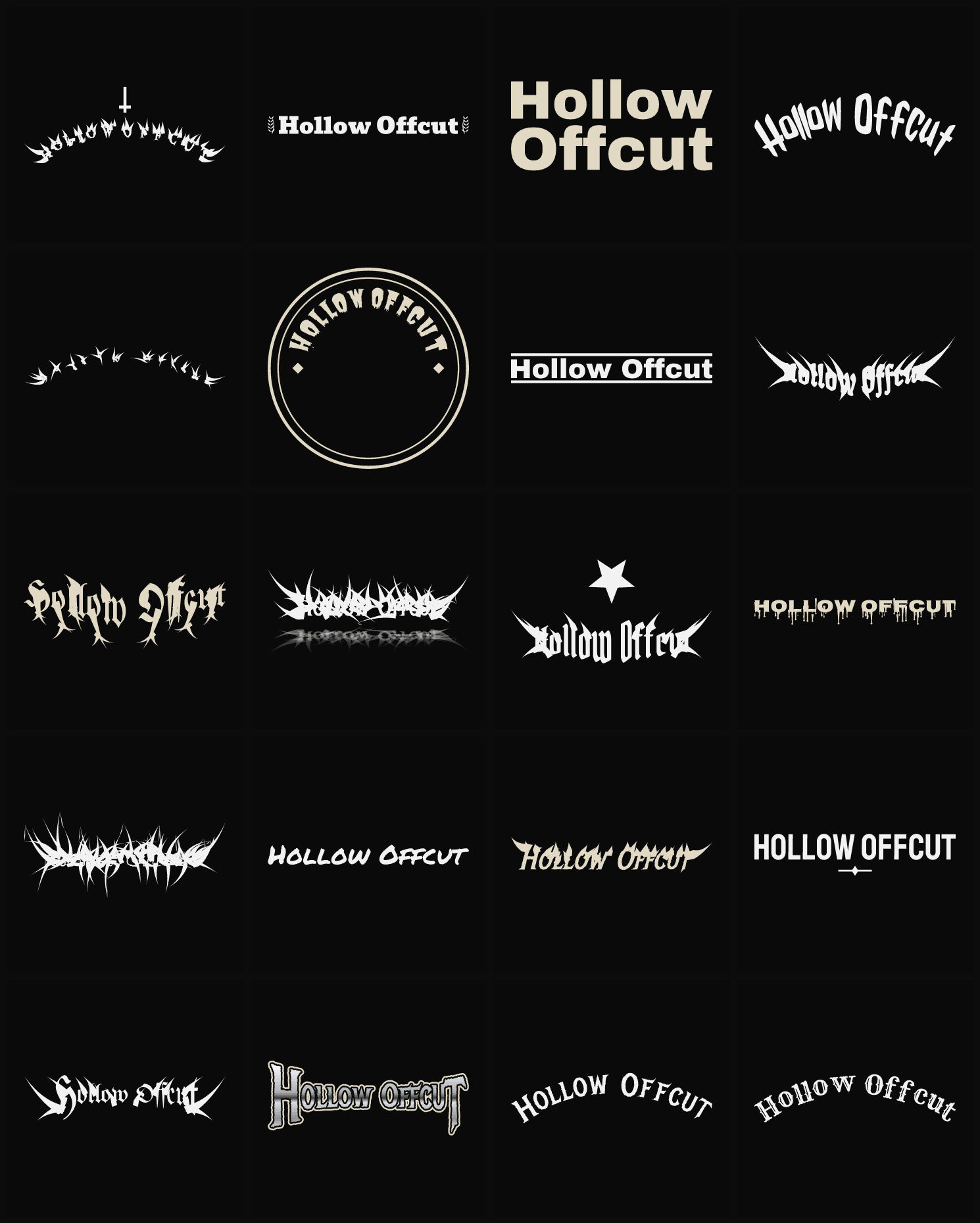 Twenty Hollow Offcut band logo ideas — different faces, treatments and spike settings