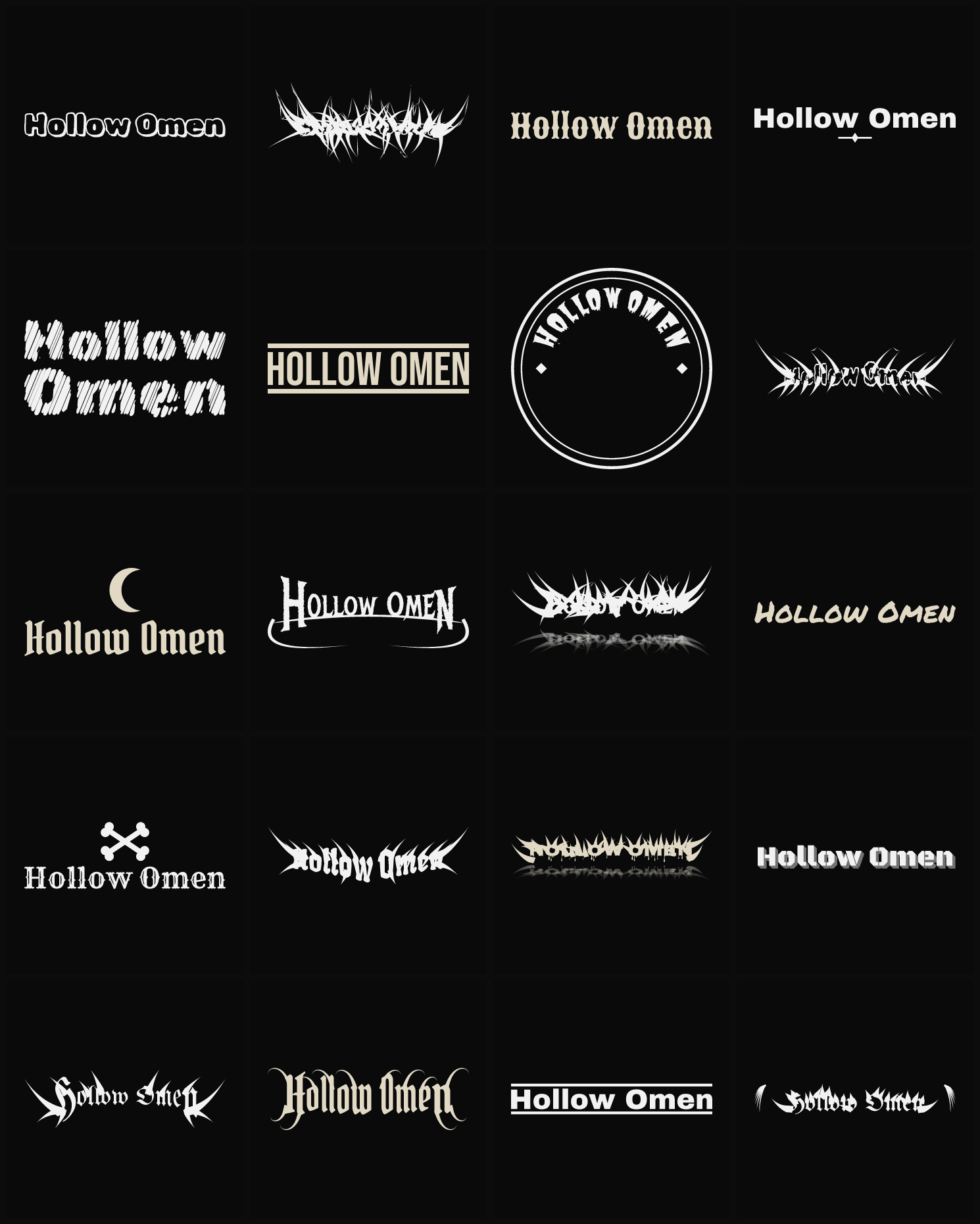 Twenty Hollow Omen band logo ideas — different faces, treatments and spike settings