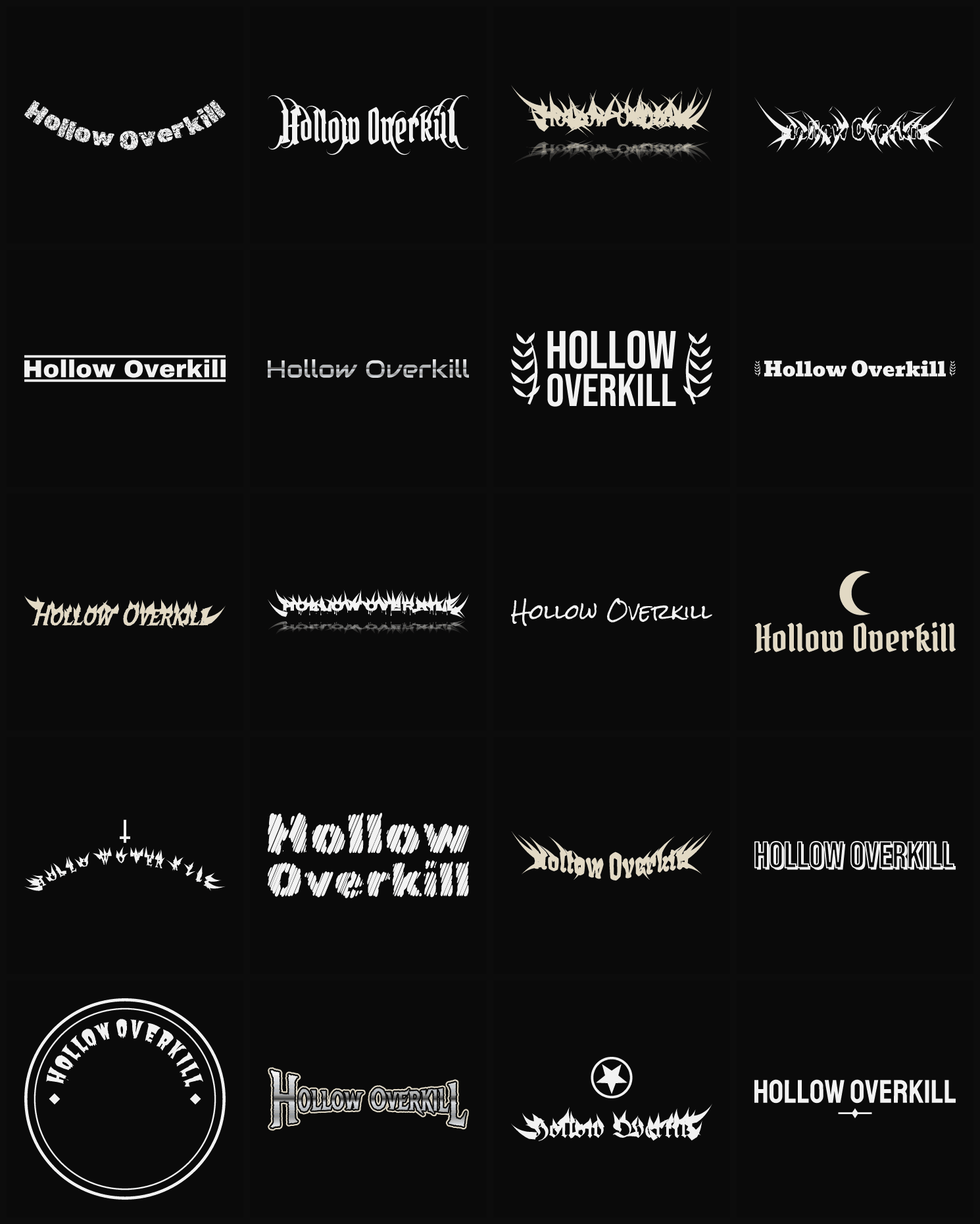 Twenty Hollow Overkill band logo ideas — different faces, treatments and spike settings