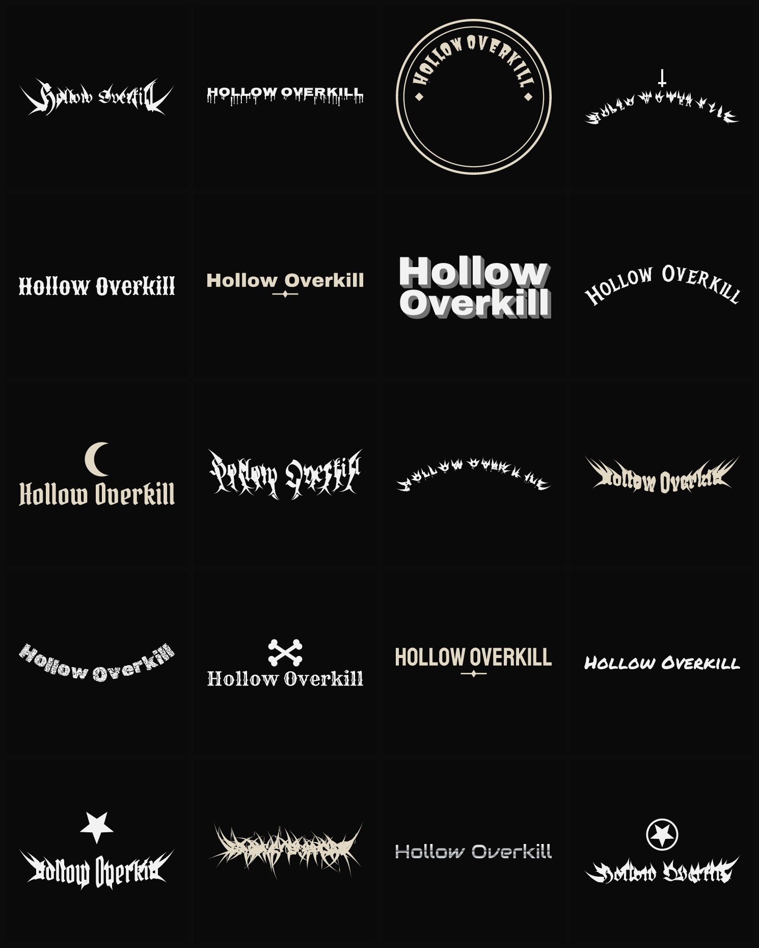 Twenty Hollow Overkill band logo ideas — different faces, treatments and spike settings