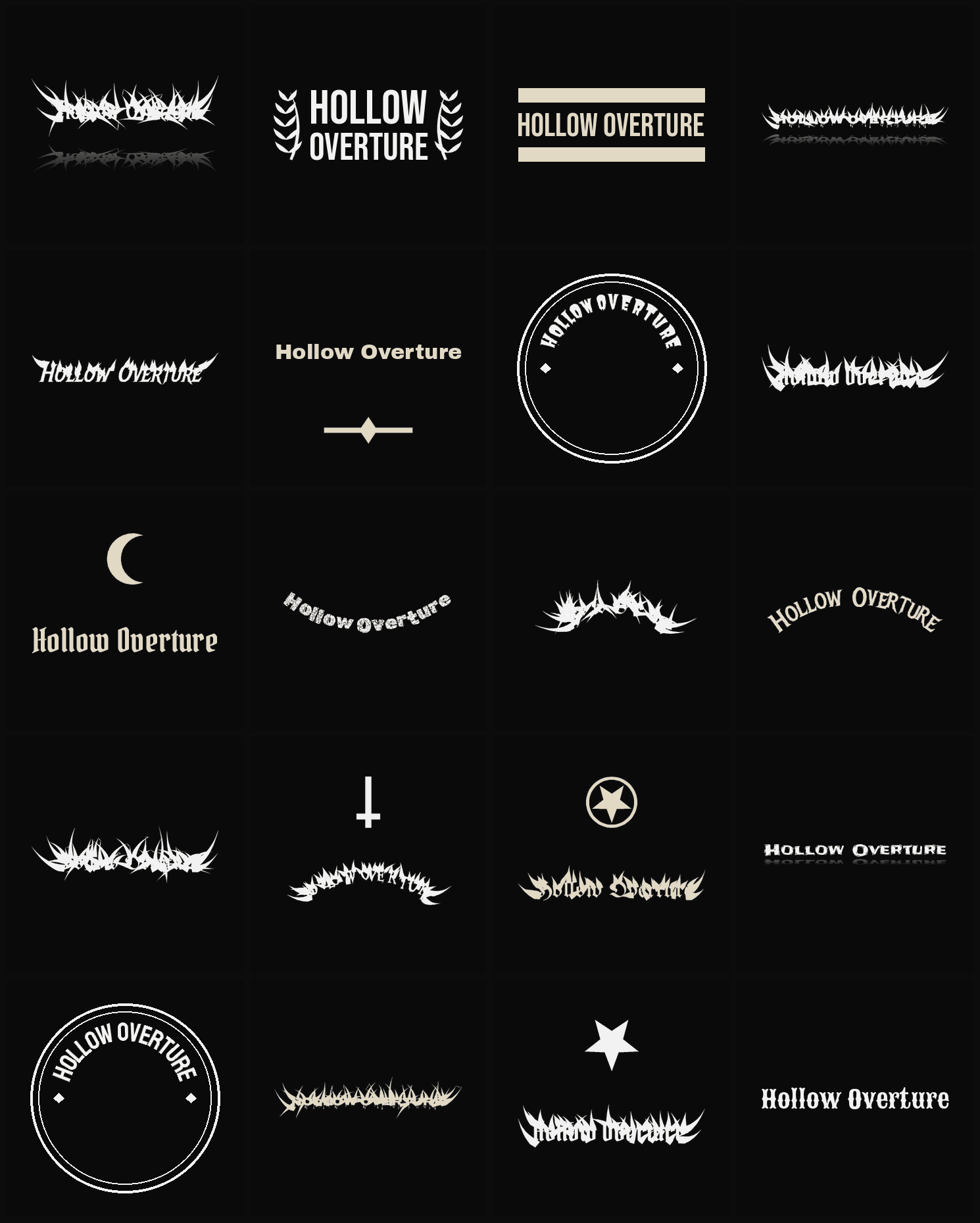 Twenty Hollow Overture band logo ideas — different faces, treatments and spike settings