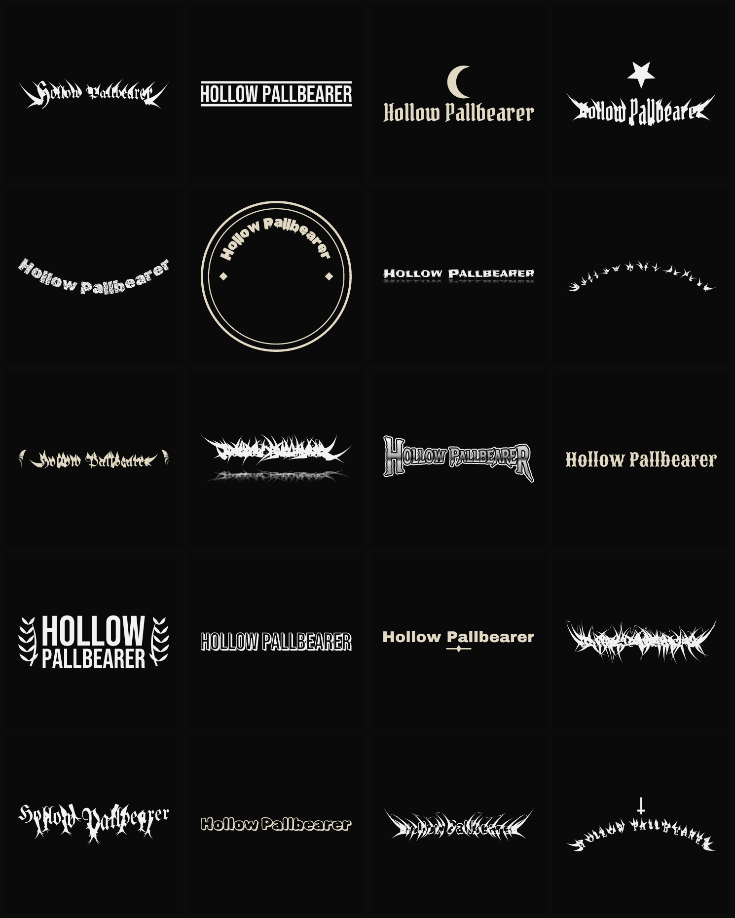 Twenty Hollow Pallbearer band logo ideas — different faces, treatments and spike settings
