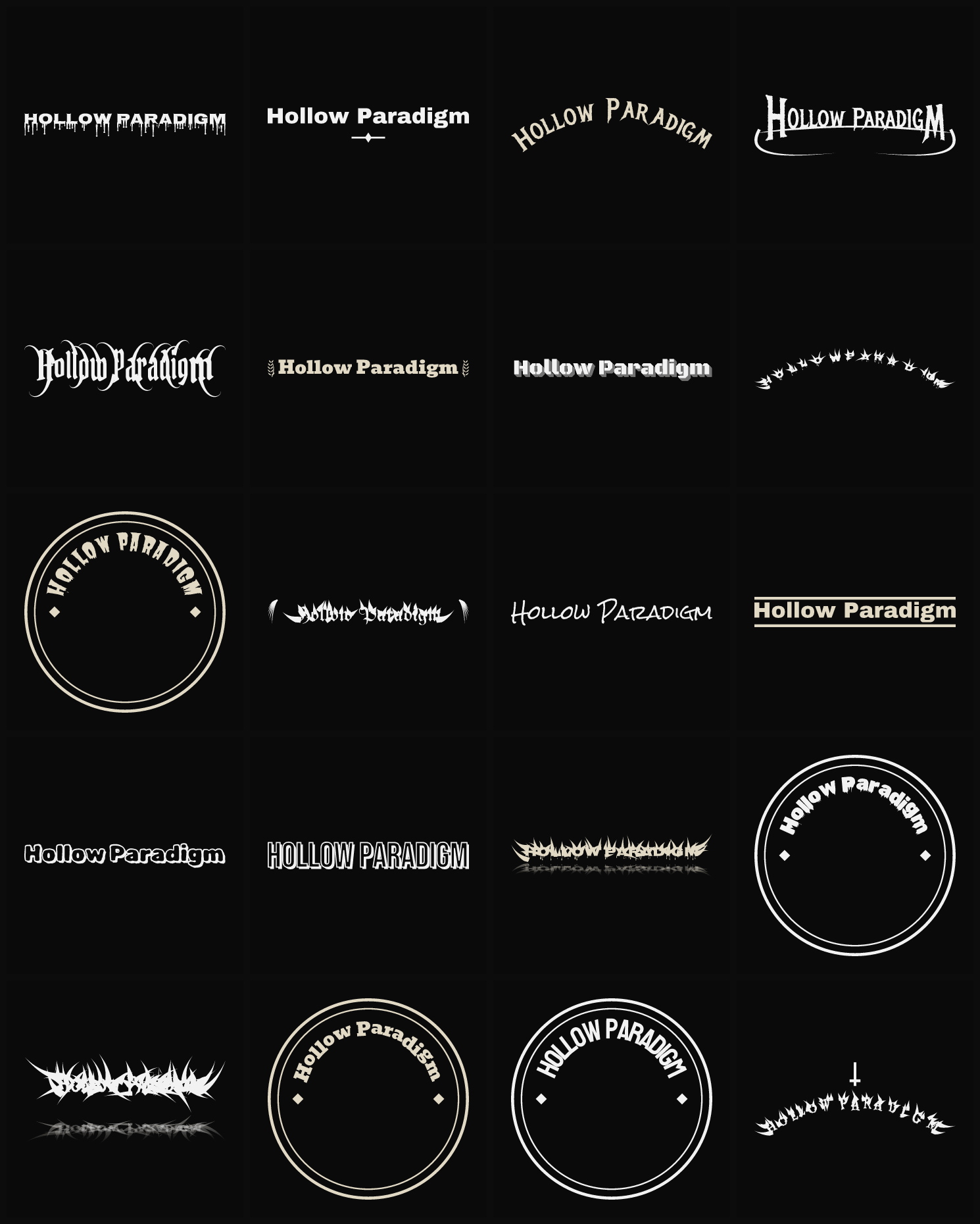 Twenty Hollow Paradigm band logo ideas — different faces, treatments and spike settings