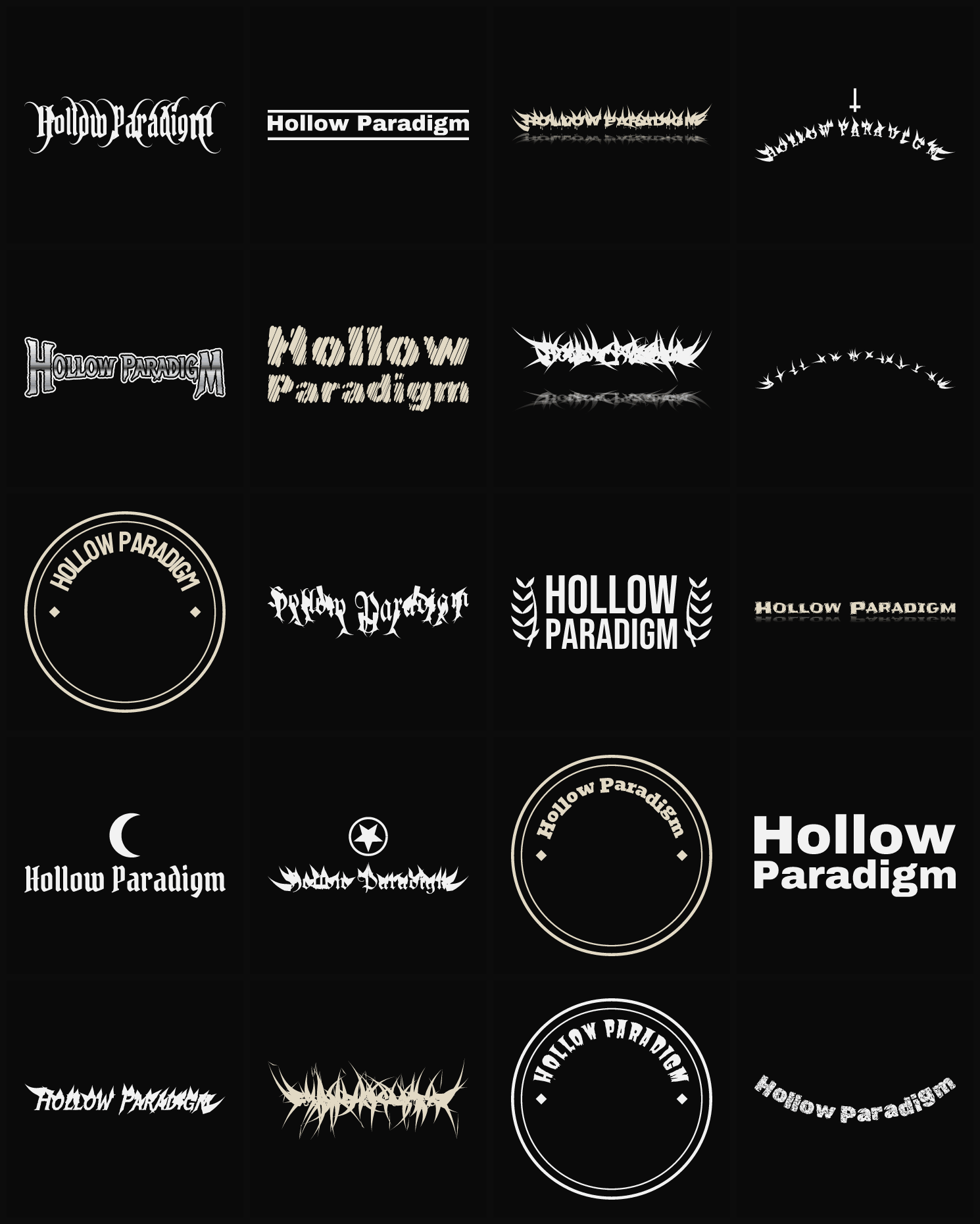 Twenty Hollow Paradigm band logo ideas — different faces, treatments and spike settings