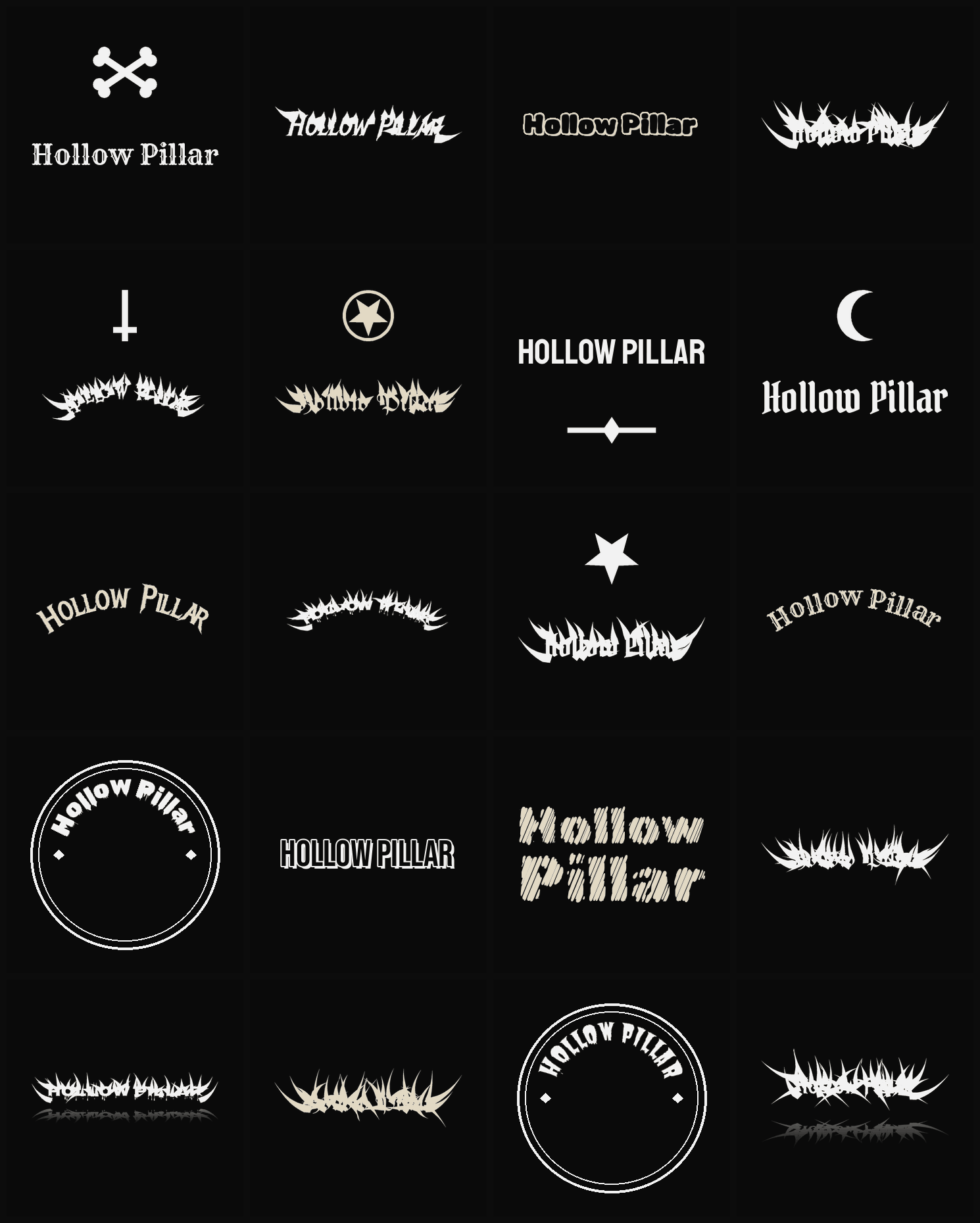 Twenty Hollow Pillar band logo ideas — different faces, treatments and spike settings
