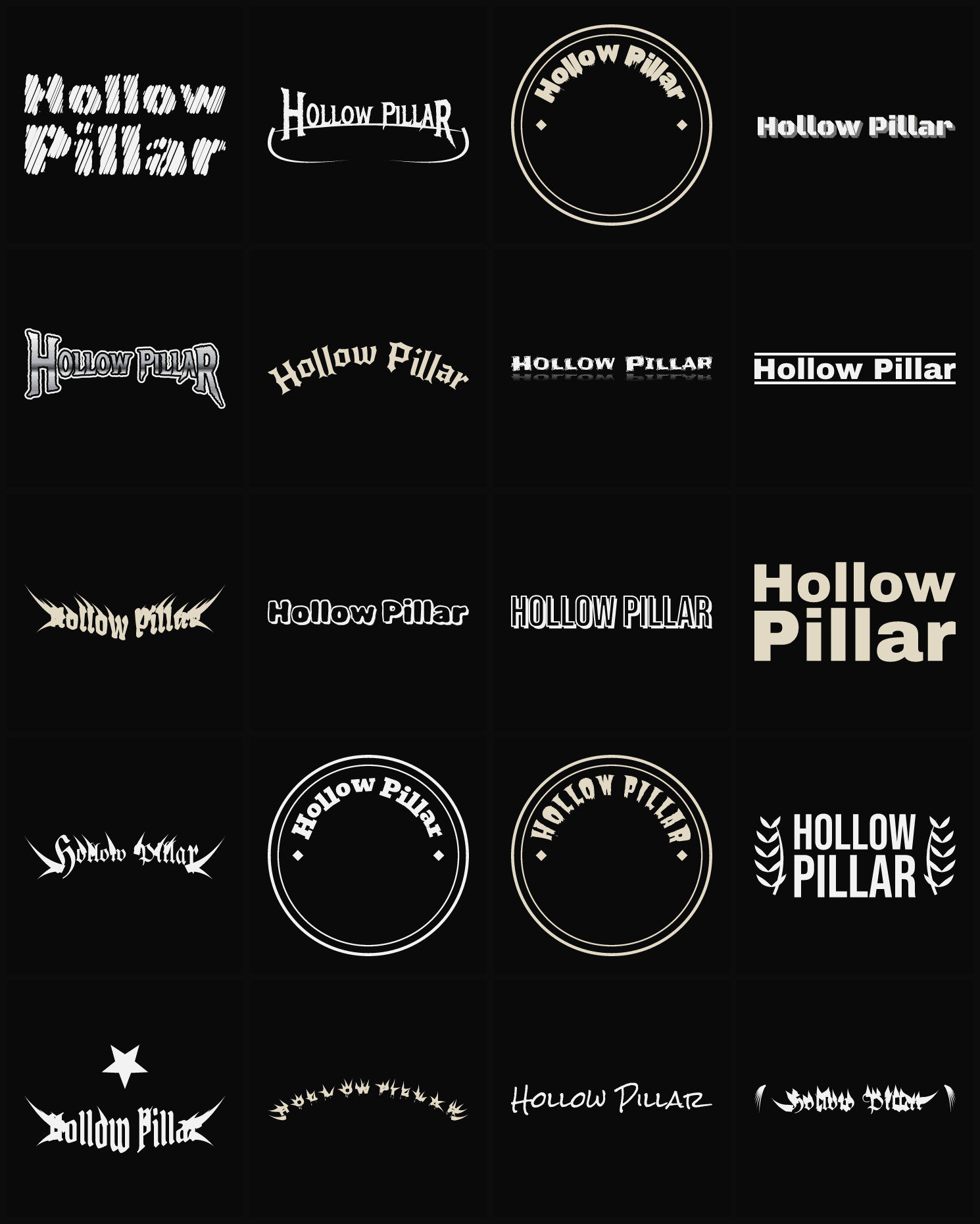 Twenty Hollow Pillar band logo ideas — different faces, treatments and spike settings