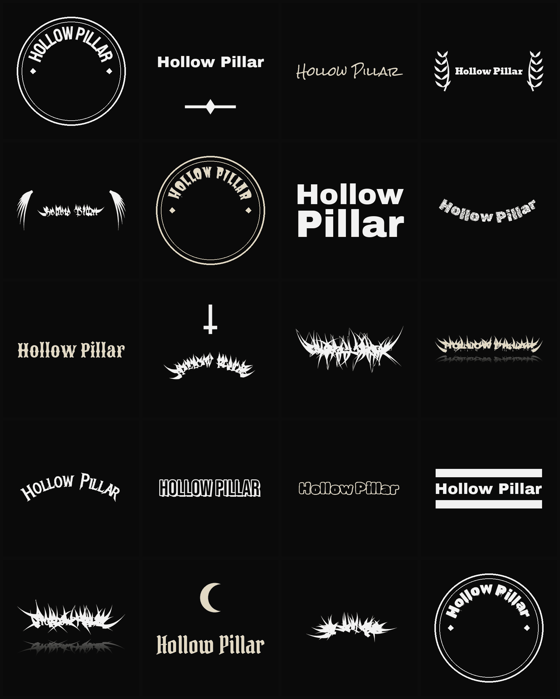 Twenty Hollow Pillar band logo ideas — different faces, treatments and spike settings