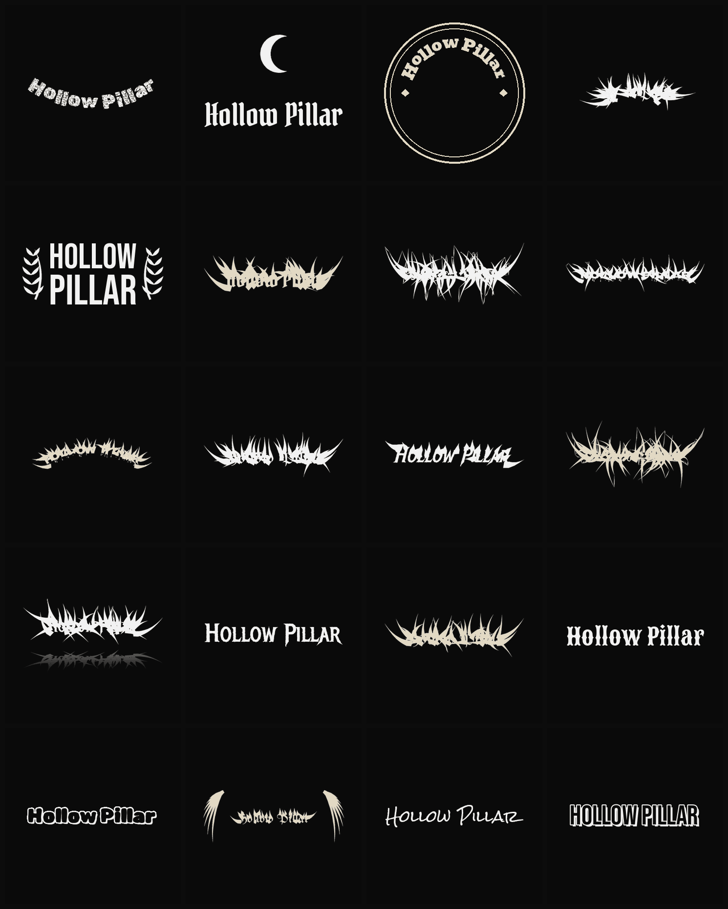 Twenty Hollow Pillar band logo ideas — different faces, treatments and spike settings