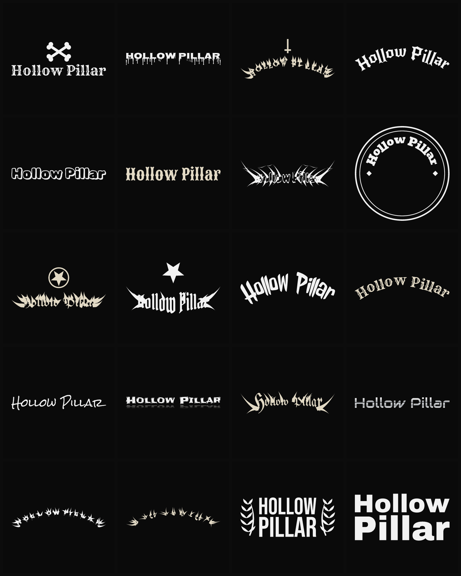 Twenty Hollow Pillar band logo ideas — different faces, treatments and spike settings