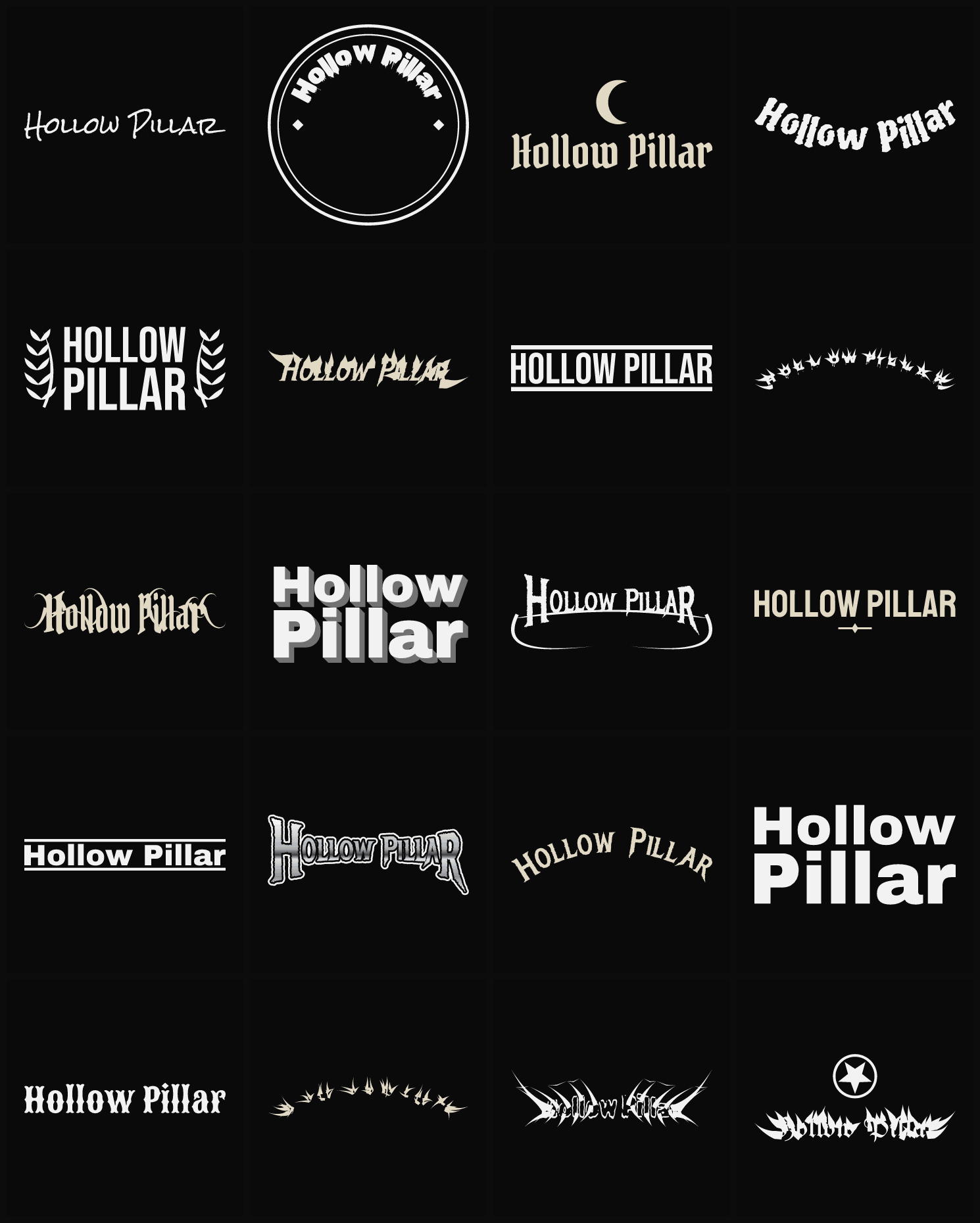 Twenty Hollow Pillar band logo ideas — different faces, treatments and spike settings