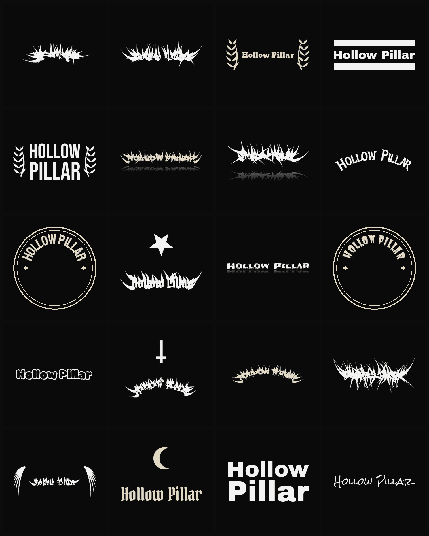 Twenty Hollow Pillar band logo ideas — different faces, treatments and spike settings
