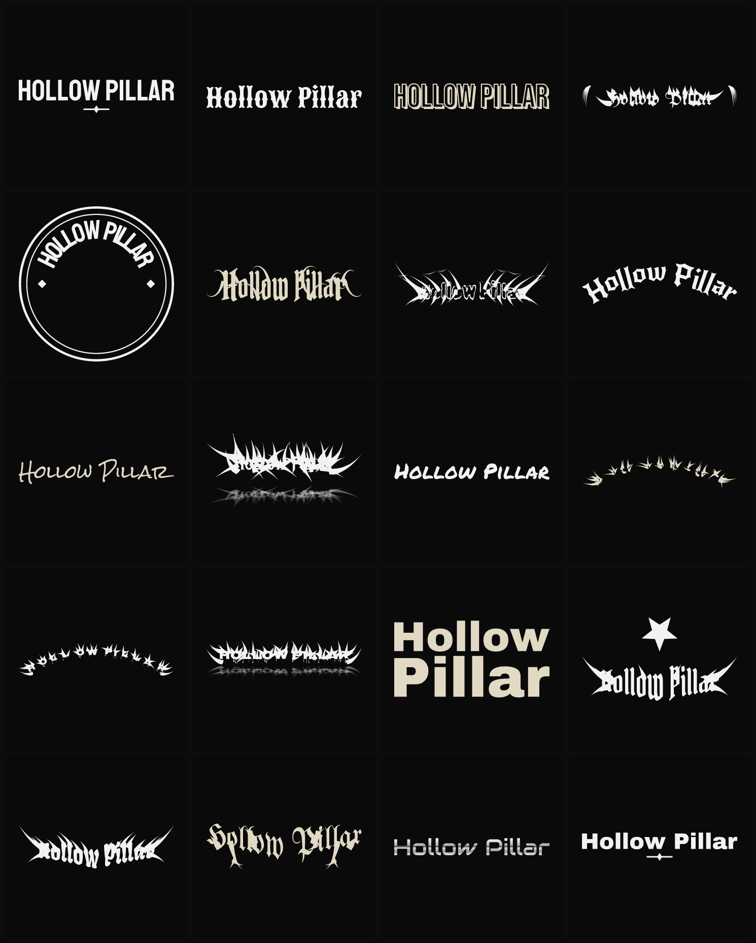 Twenty Hollow Pillar band logo ideas — different faces, treatments and spike settings