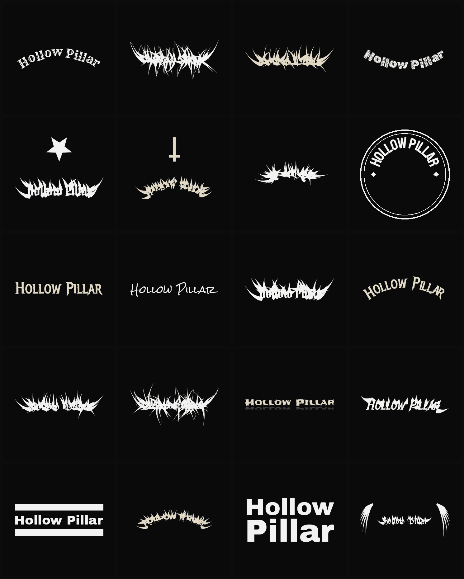 Twenty Hollow Pillar band logo ideas — different faces, treatments and spike settings