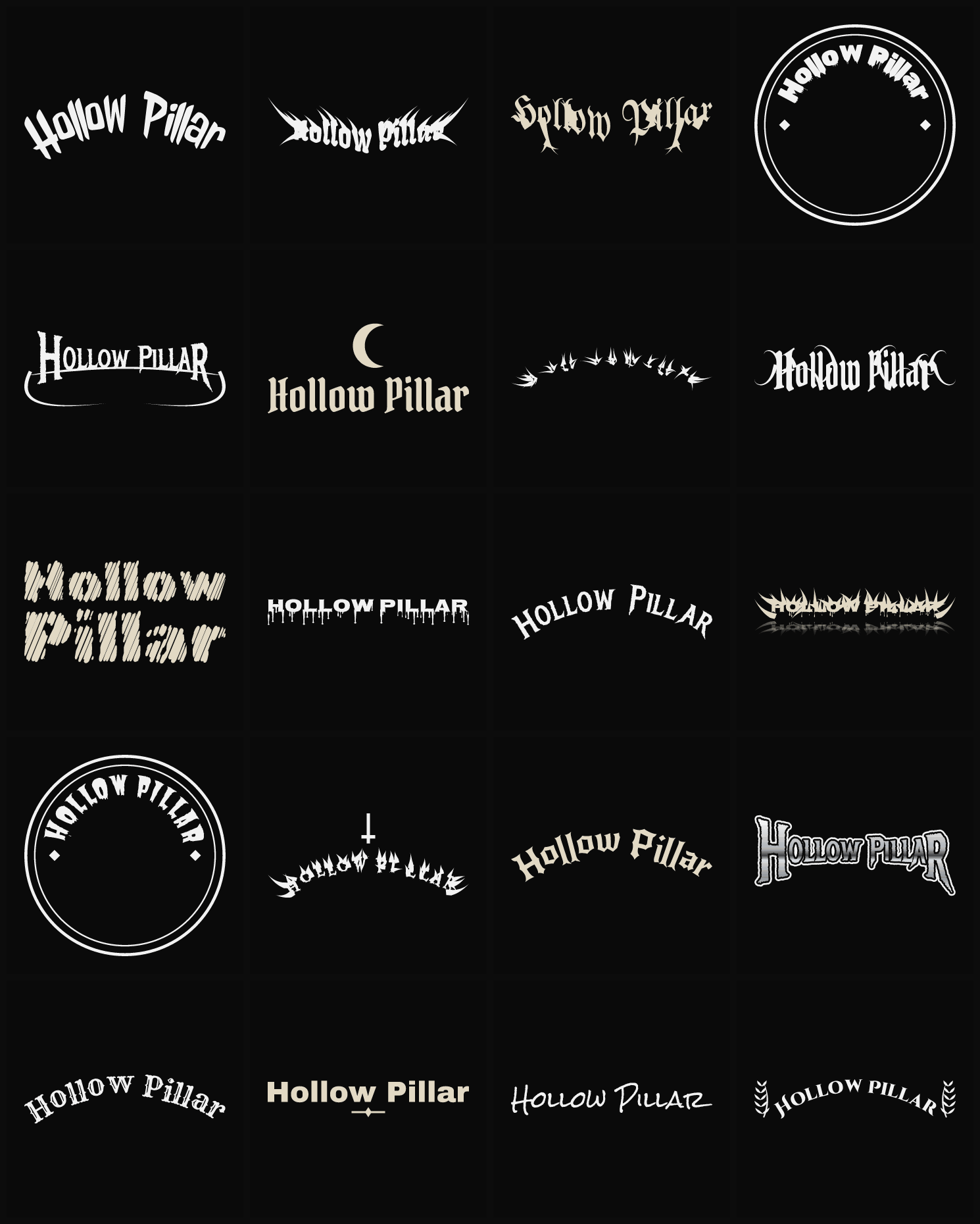 Twenty Hollow Pillar band logo ideas — different faces, treatments and spike settings
