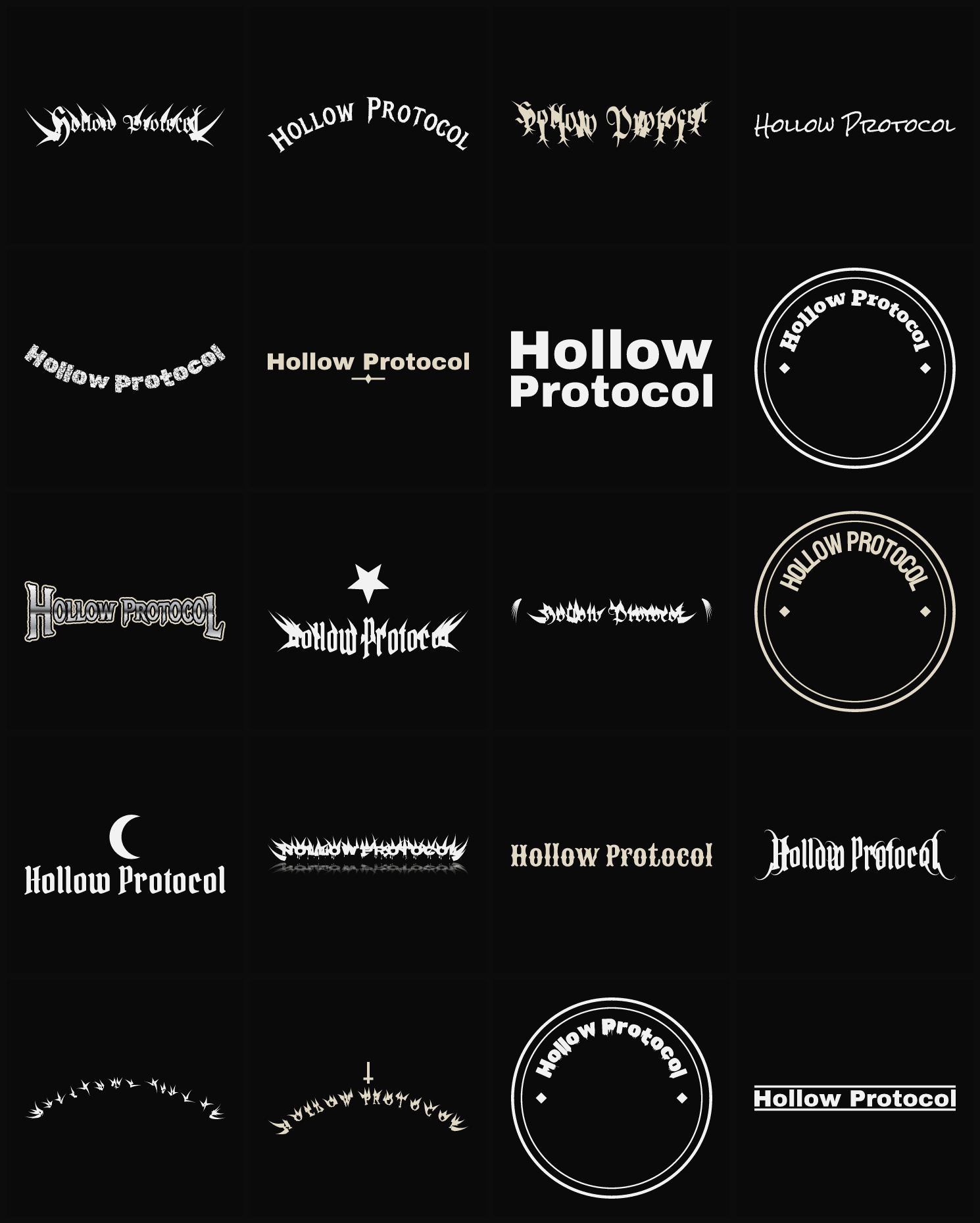 Twenty Hollow Protocol band logo ideas — different faces, treatments and spike settings
