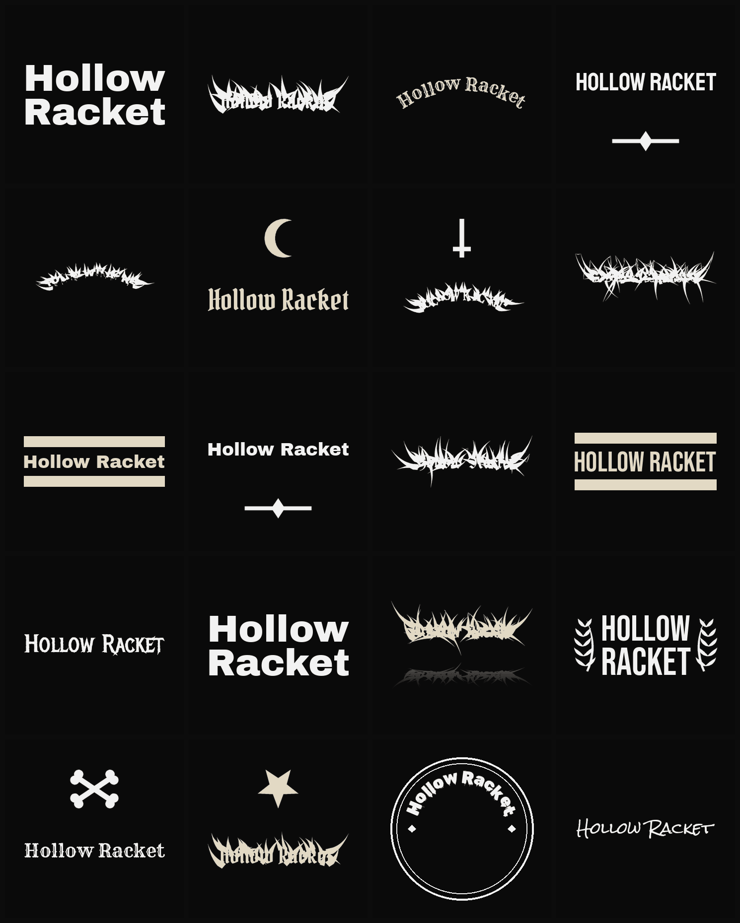 Twenty Hollow Racket band logo ideas — different faces, treatments and spike settings