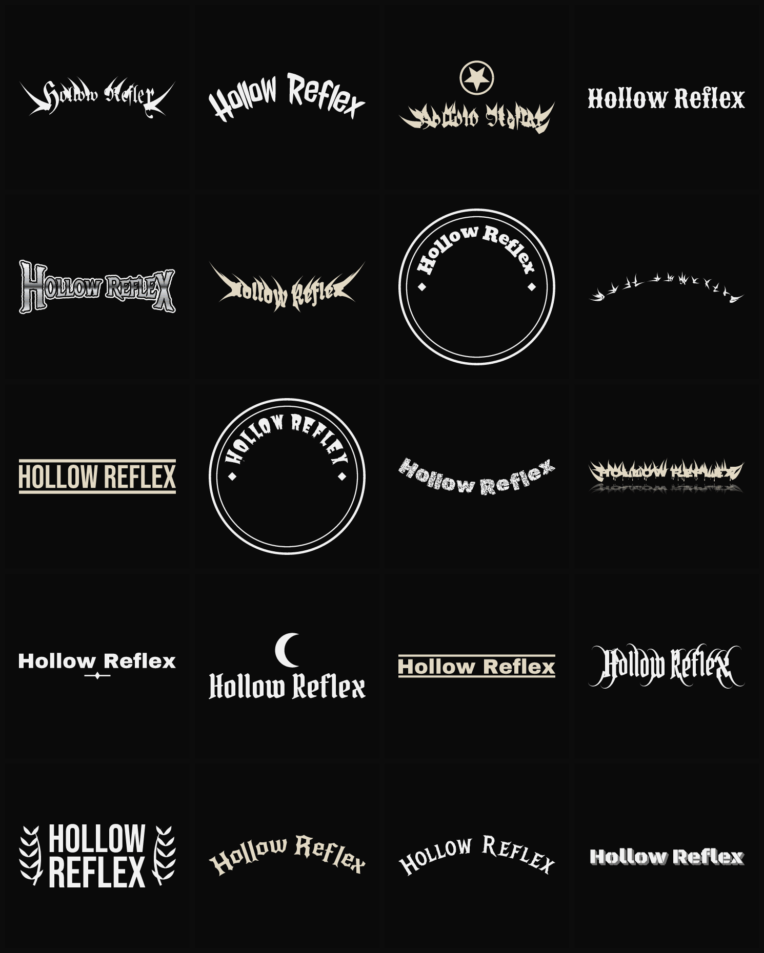 Twenty Hollow Reflex band logo ideas — different faces, treatments and spike settings