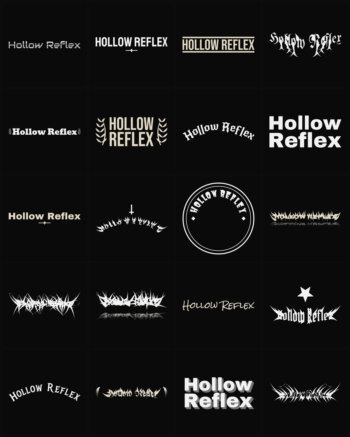 Twenty Hollow Reflex band logo ideas — different faces, treatments and spike settings